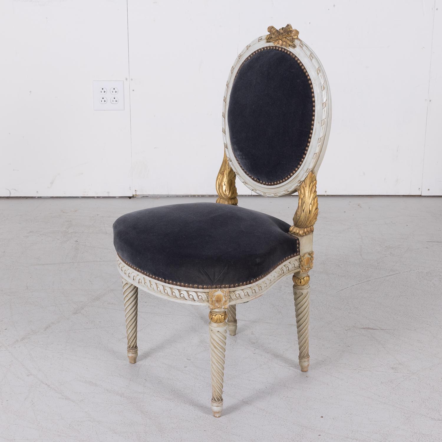 Antique French Louis XVI Style Parcel Gilt and Painted Dining Chairs, Set of 6 5