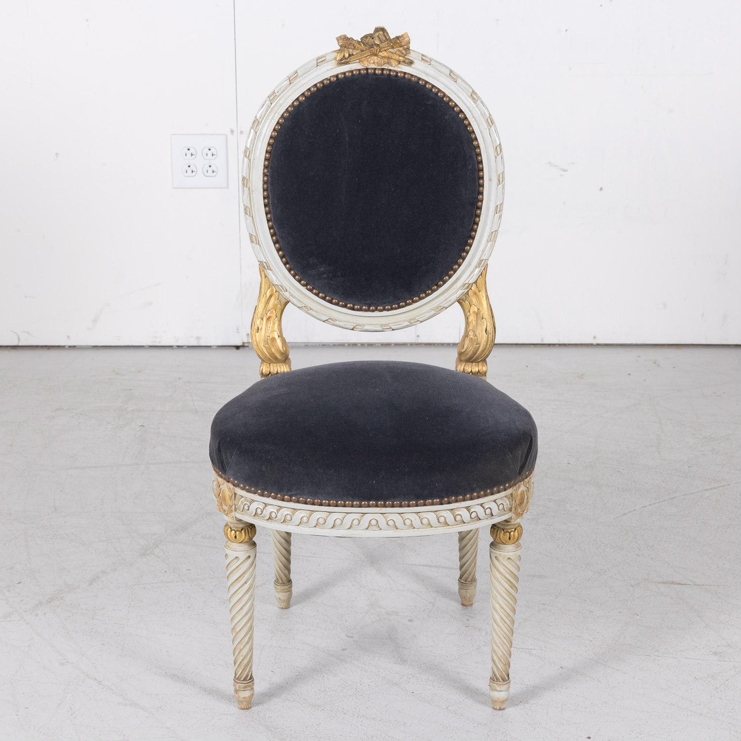 Antique French Louis XVI Style Parcel Gilt and Painted Dining Chairs, Set of 6 In Good Condition In Birmingham, AL