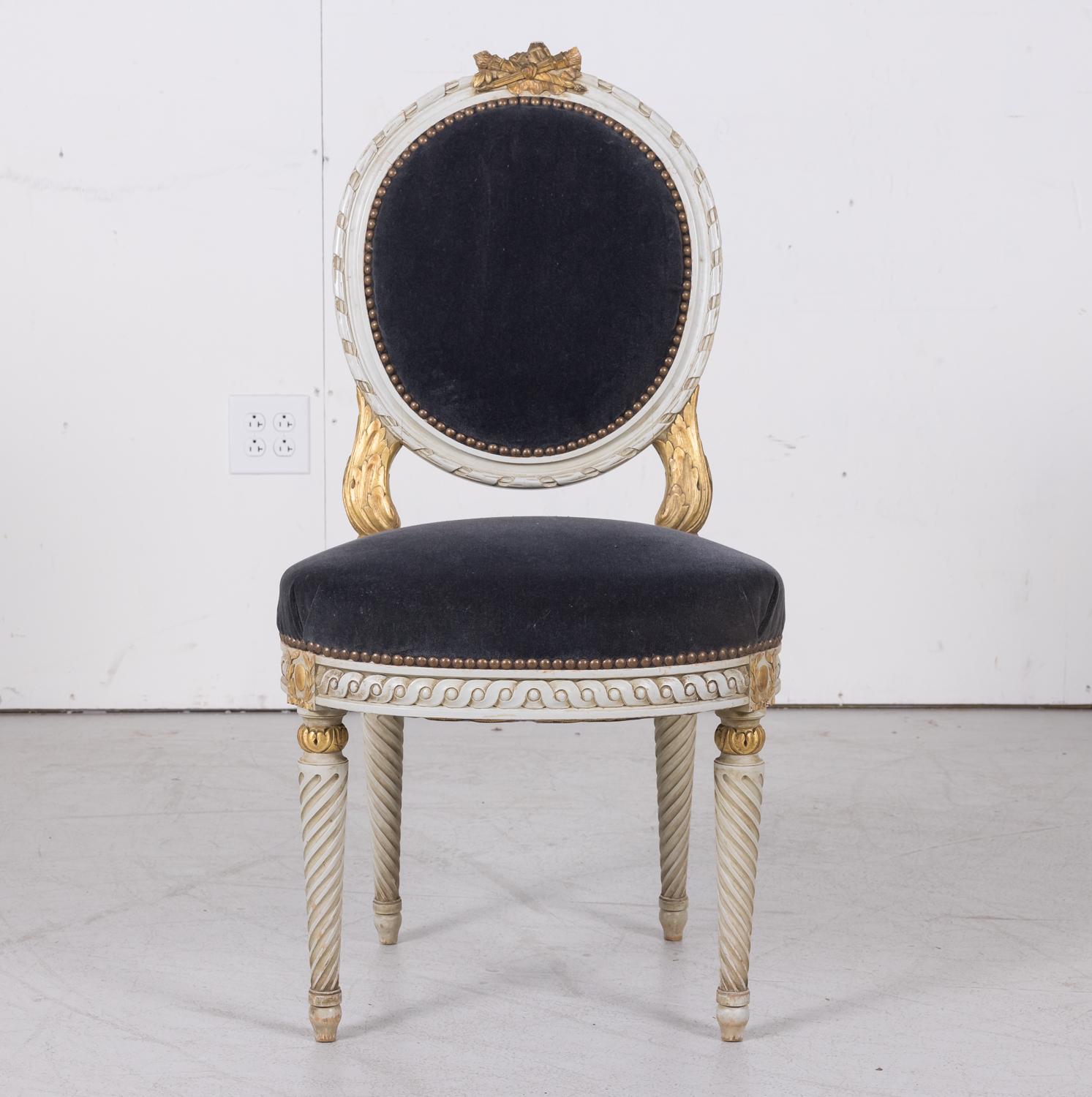 Early 20th Century Antique French Louis XVI Style Parcel Gilt and Painted Dining Chairs, Set of 6