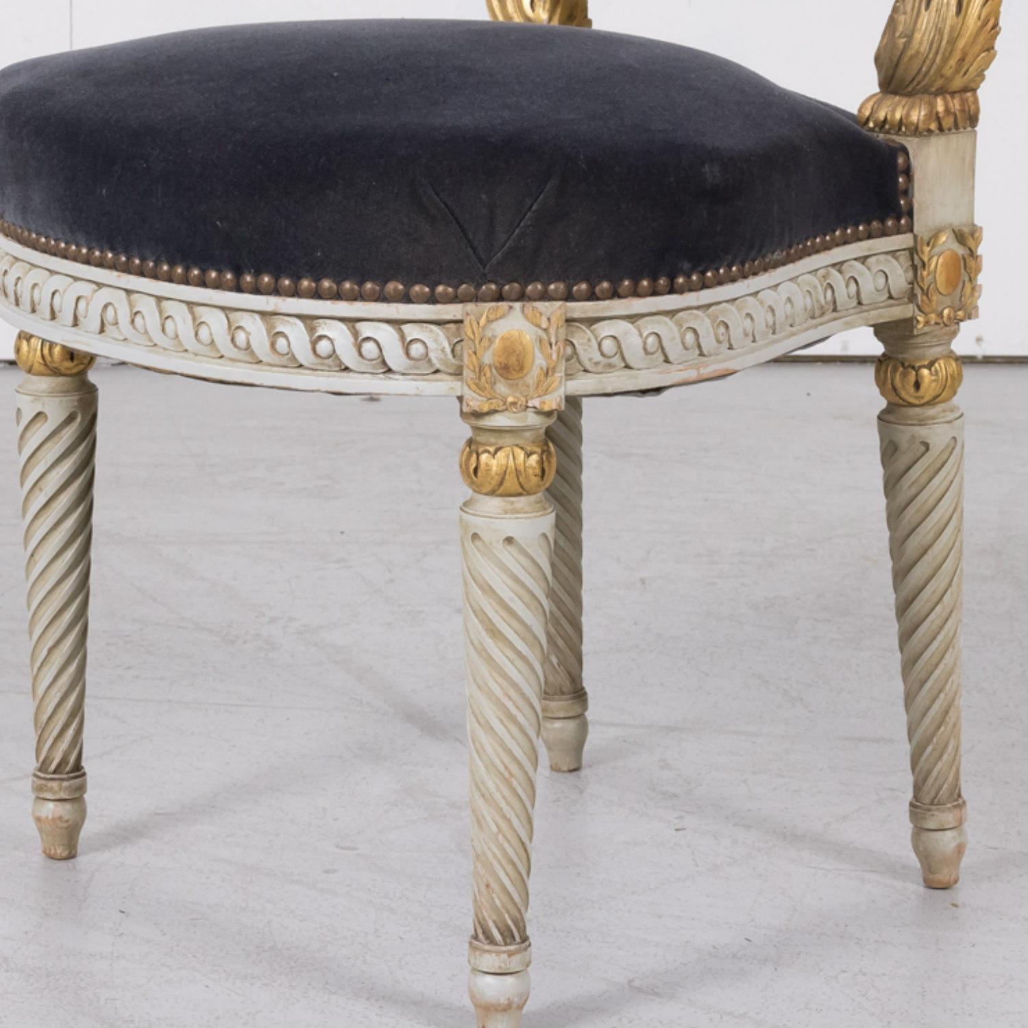 Antique French Louis XVI Style Parcel Gilt and Painted Dining Chairs, Set of 6 3