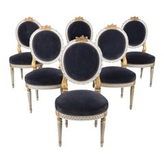 Antique French Louis XVI Style Parcel Gilt and Painted Dining Chairs, Set of 6