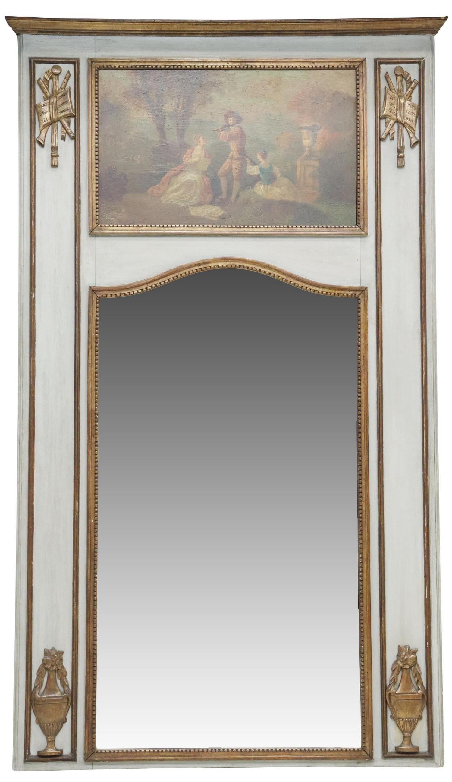 19th Century Antique French Louis XVI Style Parcel Gilt Gray Painted Trumeau Mirror For Sale
