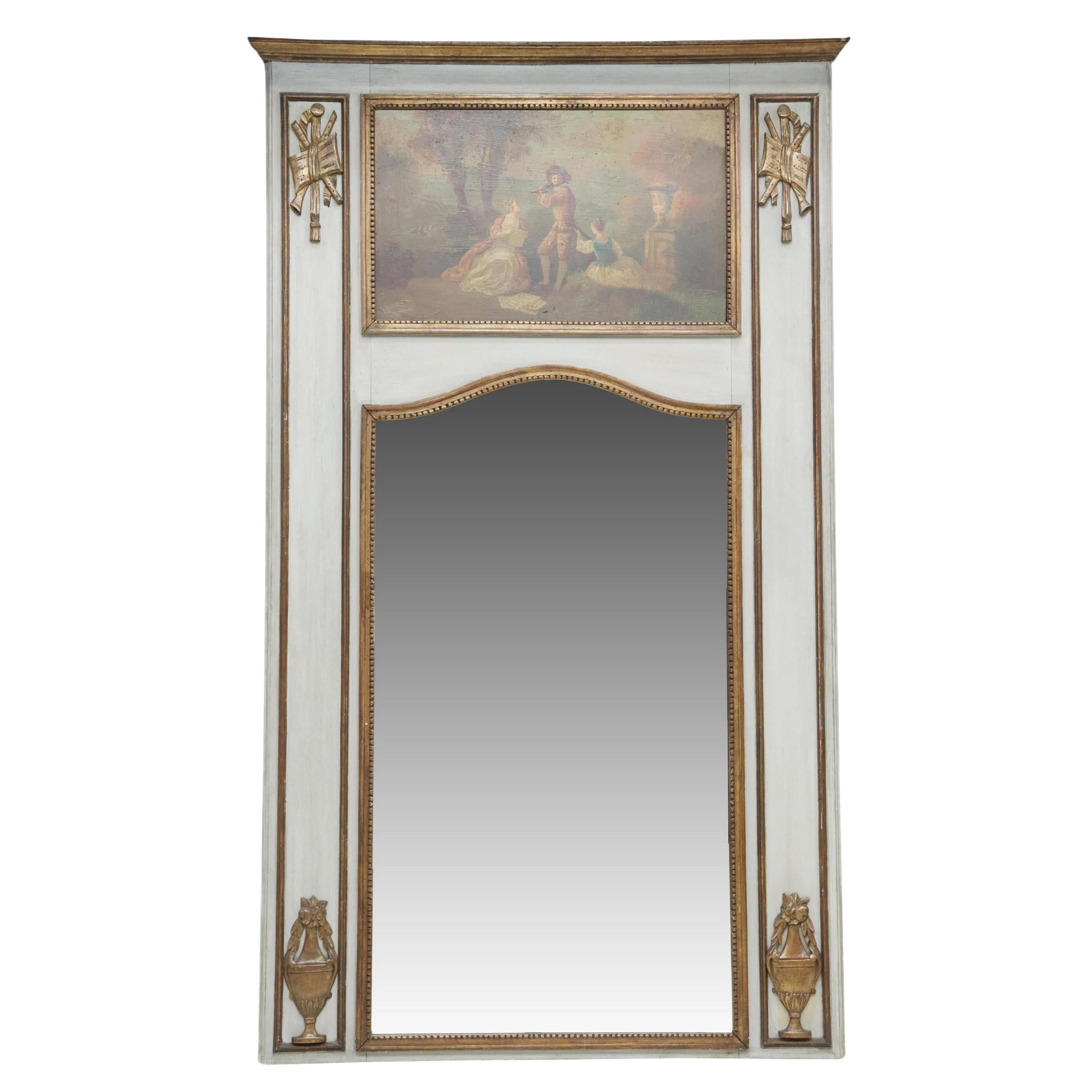 Miroir Trumeau français ancien de style Louis XVI, doré à la feuille