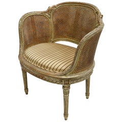 Antique French Louis XVI Style Polychrome and Gilt Barrel Desk Chair with Caning