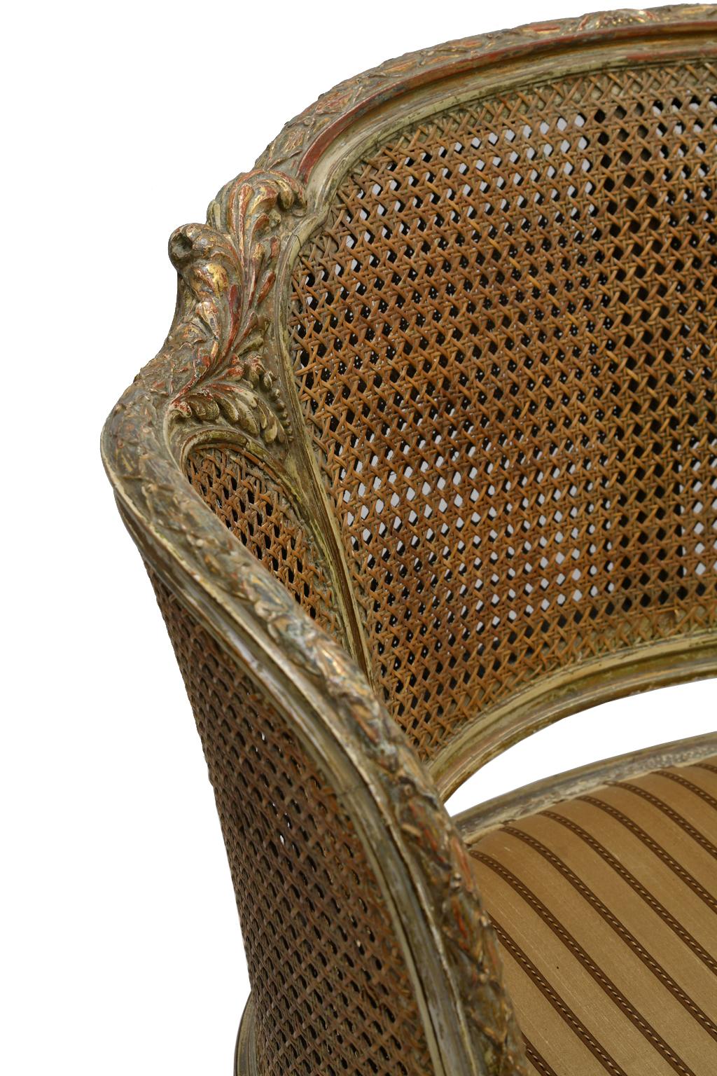 Antique French Louis XVI Style Polychrome and Gilt Barrel Desk Chair with Caning 4
