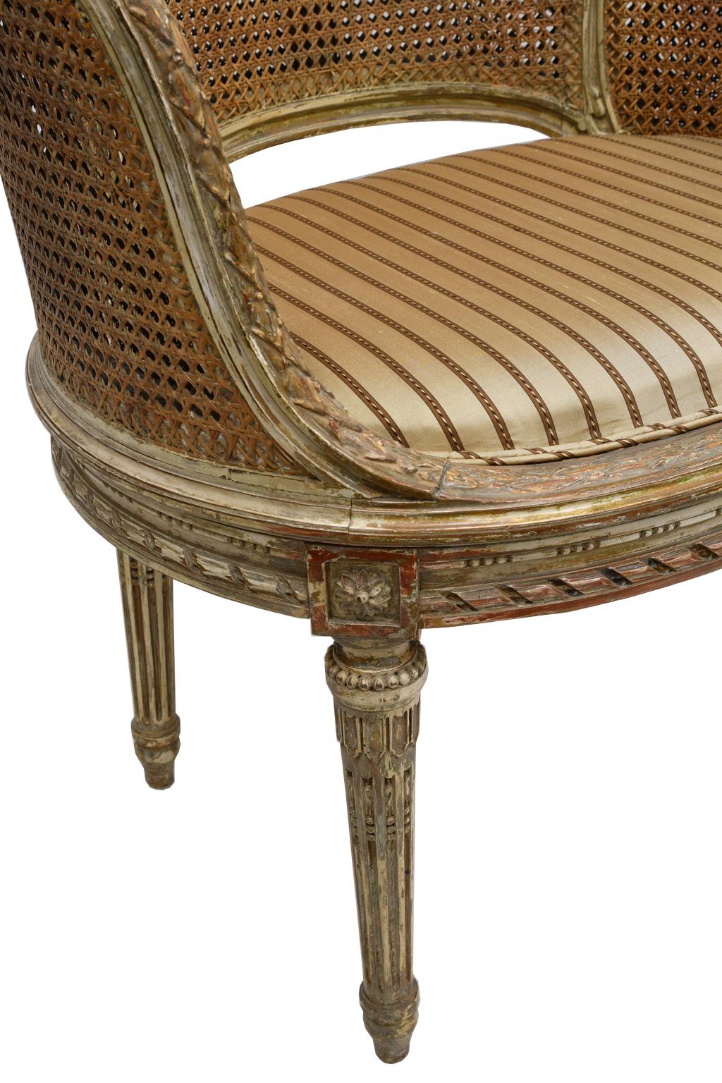 Antique French Louis XVI Style Polychrome and Gilt Barrel Desk Chair with Caning 6