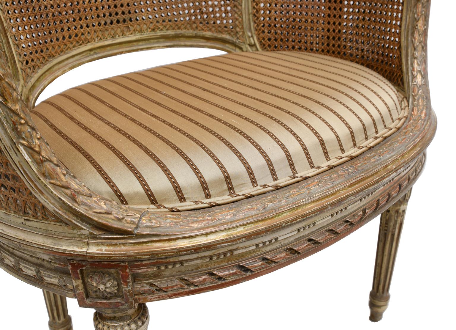 Antique French Louis XVI Style Polychrome and Gilt Barrel Desk Chair with Caning 9