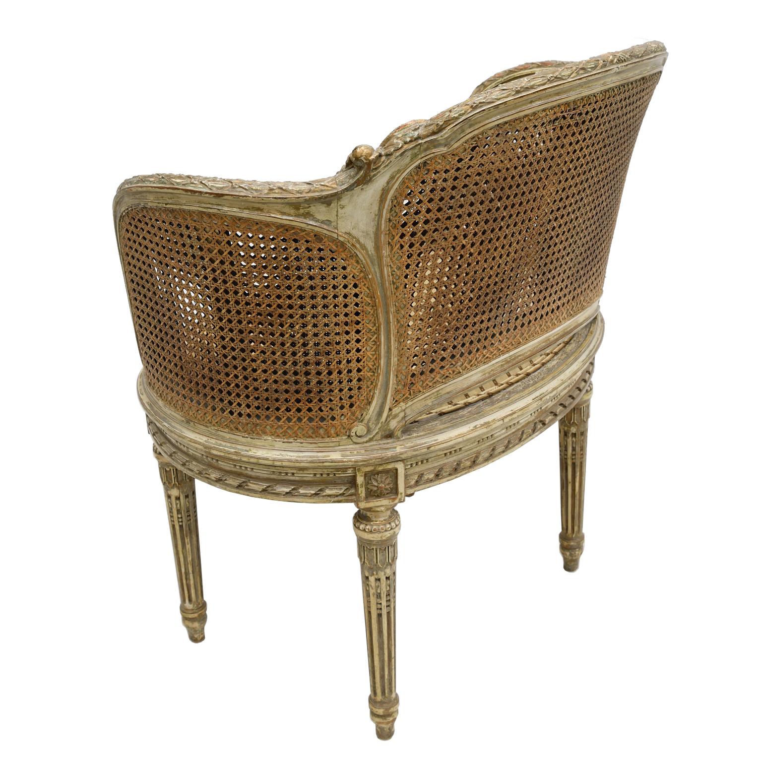 Antique French Louis XVI Style Polychrome and Gilt Barrel Desk Chair with Caning In Good Condition In Miami, FL