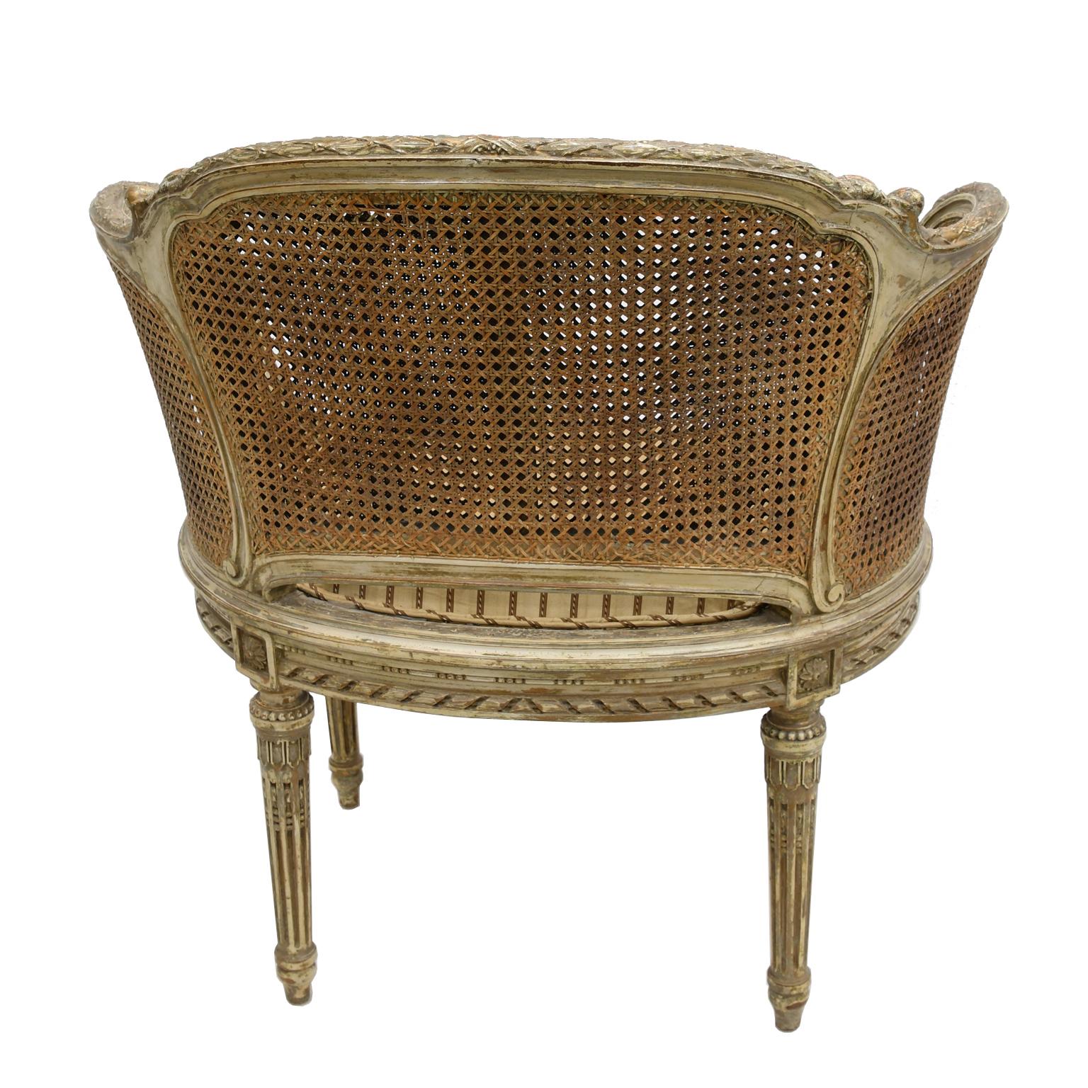 19th Century Antique French Louis XVI Style Polychrome and Gilt Barrel Desk Chair with Caning