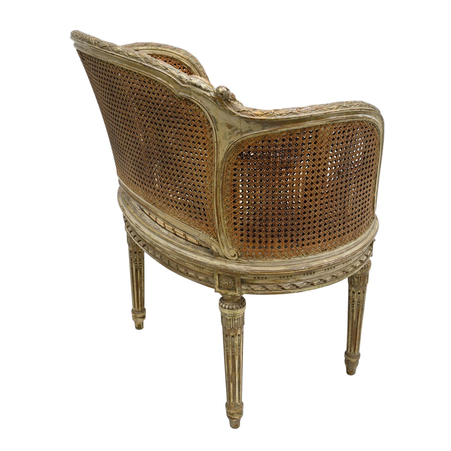 Silk Antique French Louis XVI Style Polychrome and Gilt Barrel Desk Chair with Caning