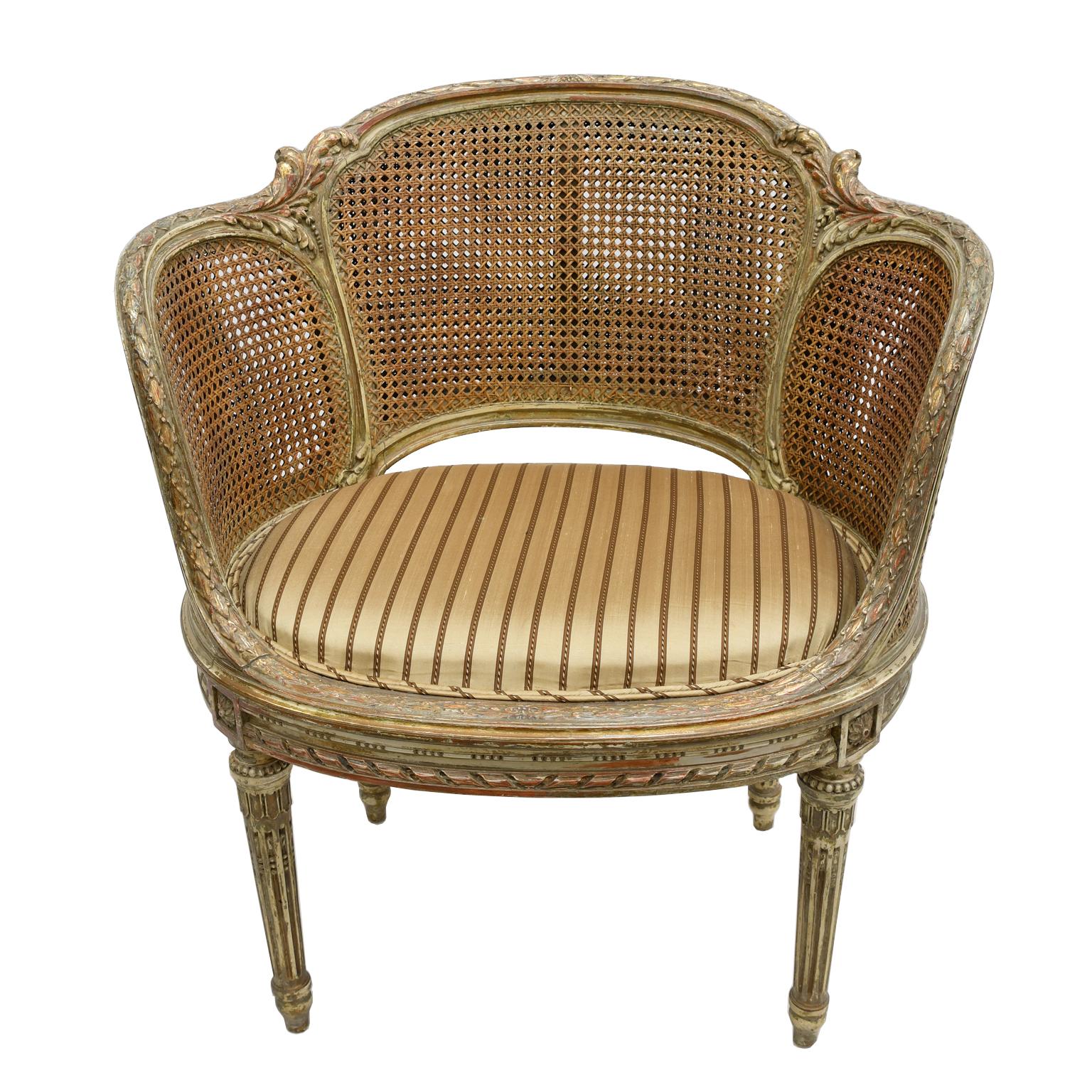 Antique French Louis XVI Style Polychrome and Gilt Barrel Desk Chair with Caning 3