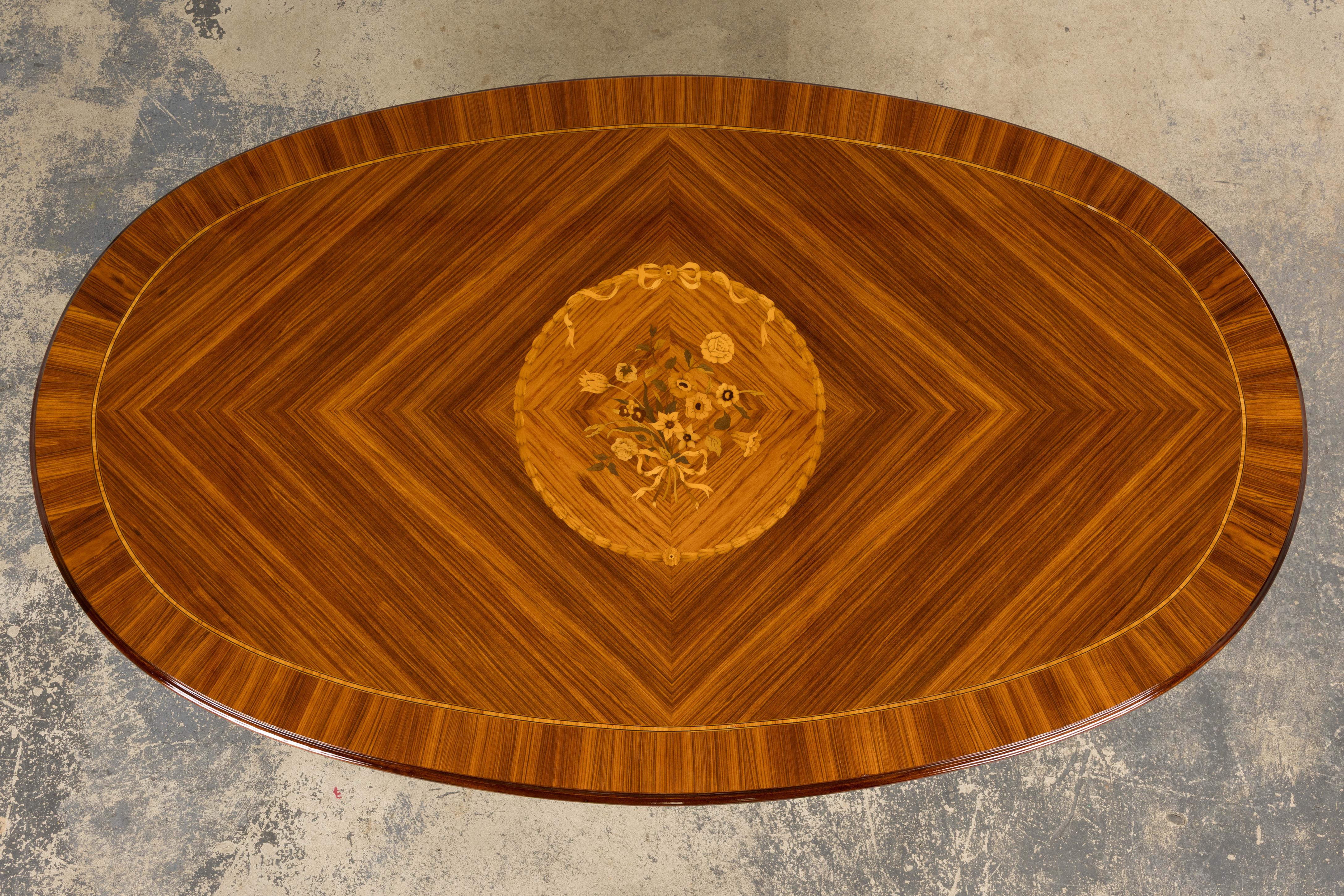 19th Century Antique French Louis XVI Style Rosewood Dining Table with Floral Inlay For Sale