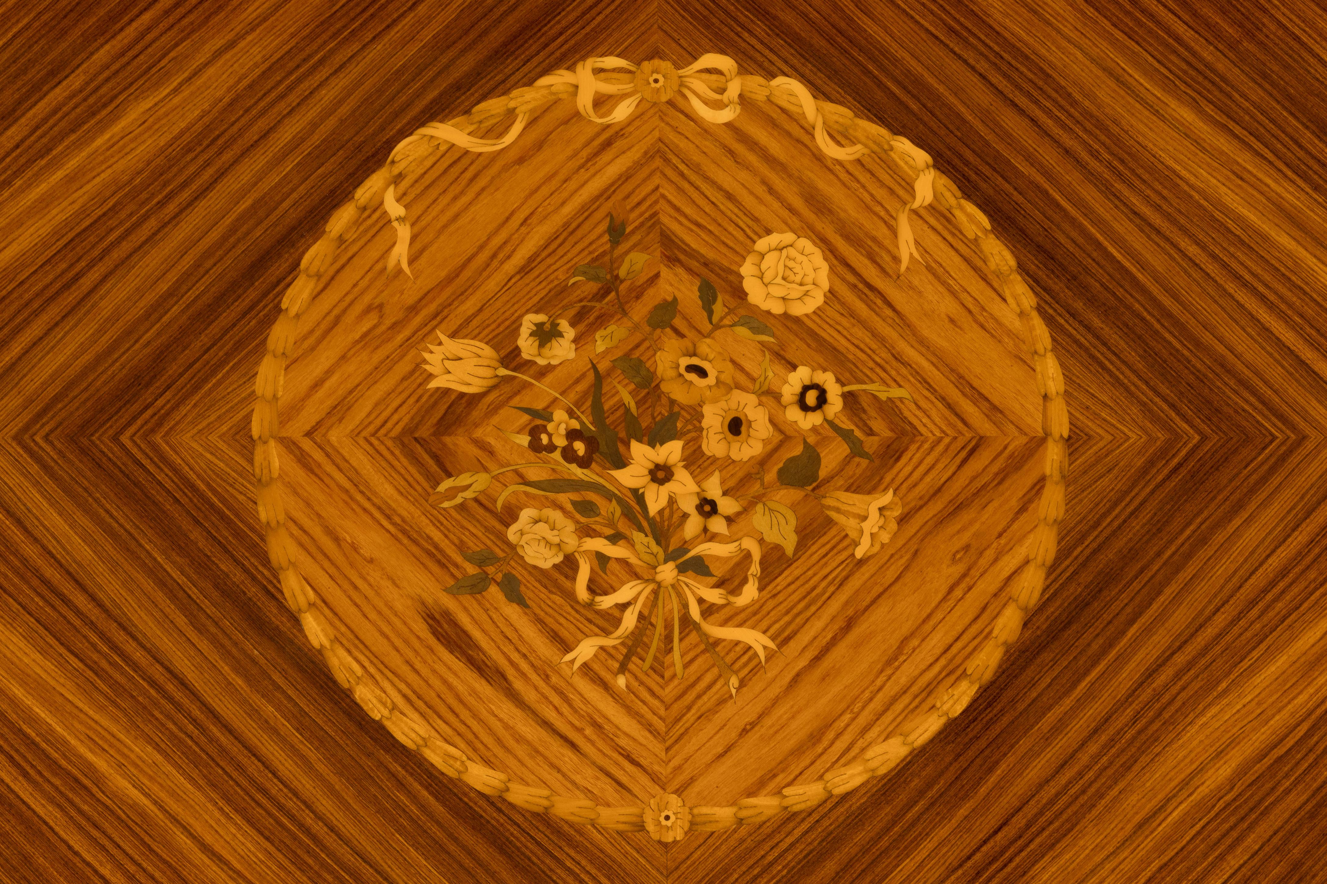 Brass Antique French Louis XVI Style Rosewood Dining Table with Floral Inlay For Sale