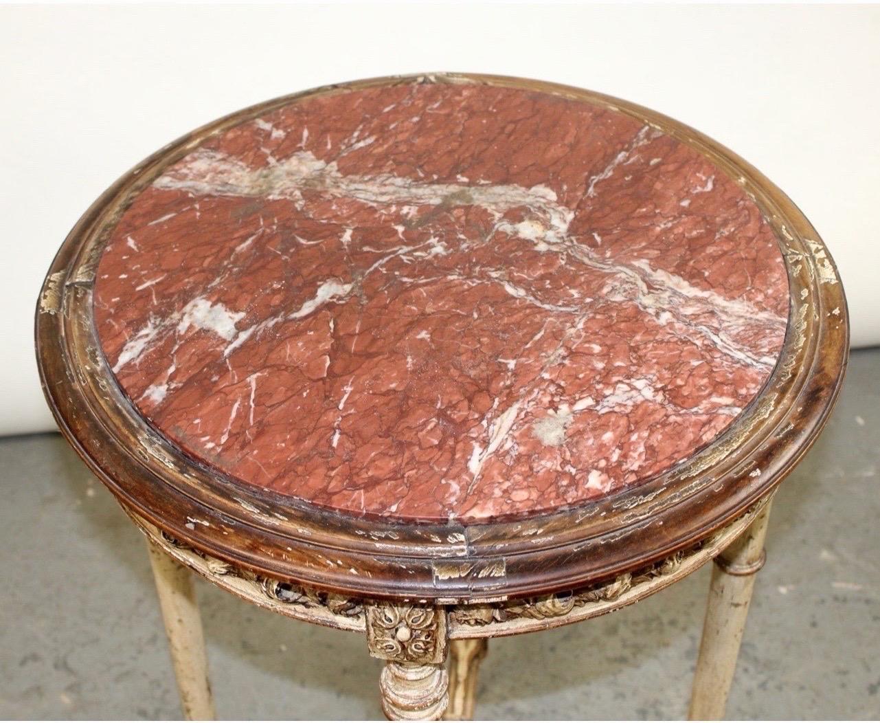 Hand-Carved Antique French Louis XVI Style Round Painted Side Table with Marble Top Gold For Sale