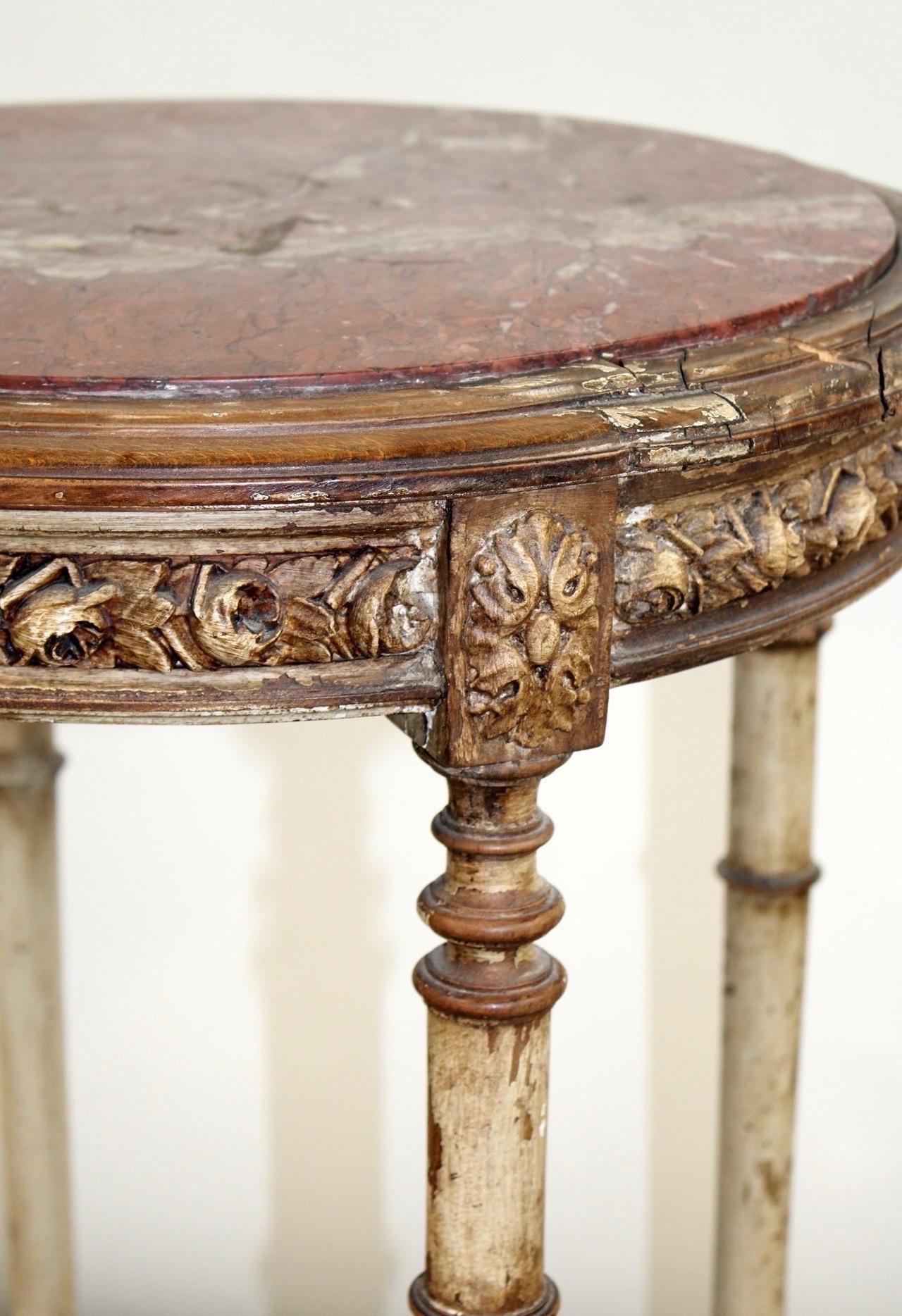 Antique French Louis XVI Style Round Painted Side Table with Marble Top Gold In Distressed Condition For Sale In Atlanta, GA