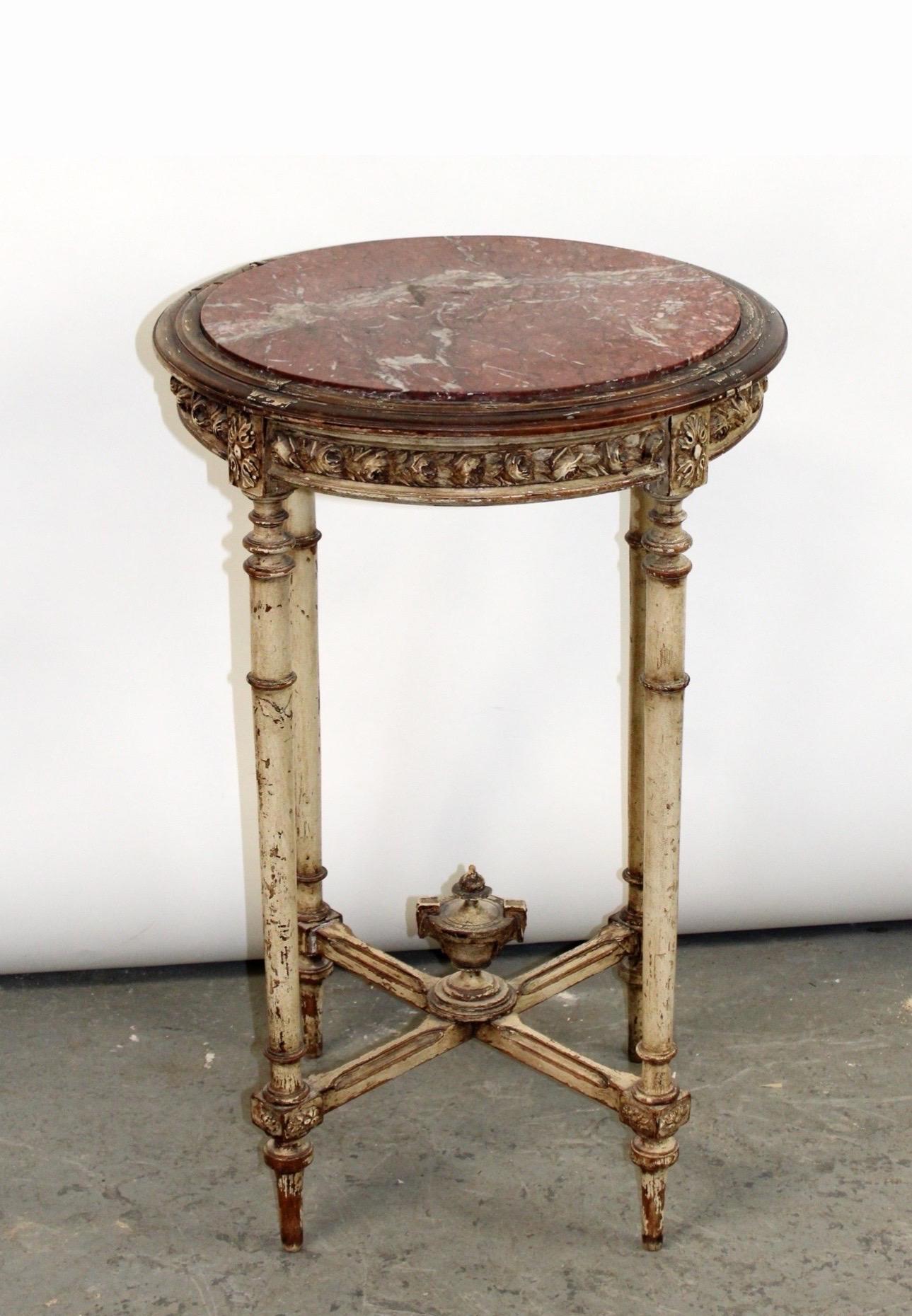 19th Century Antique French Louis XVI Style Round Painted Side Table with Marble Top Gold For Sale