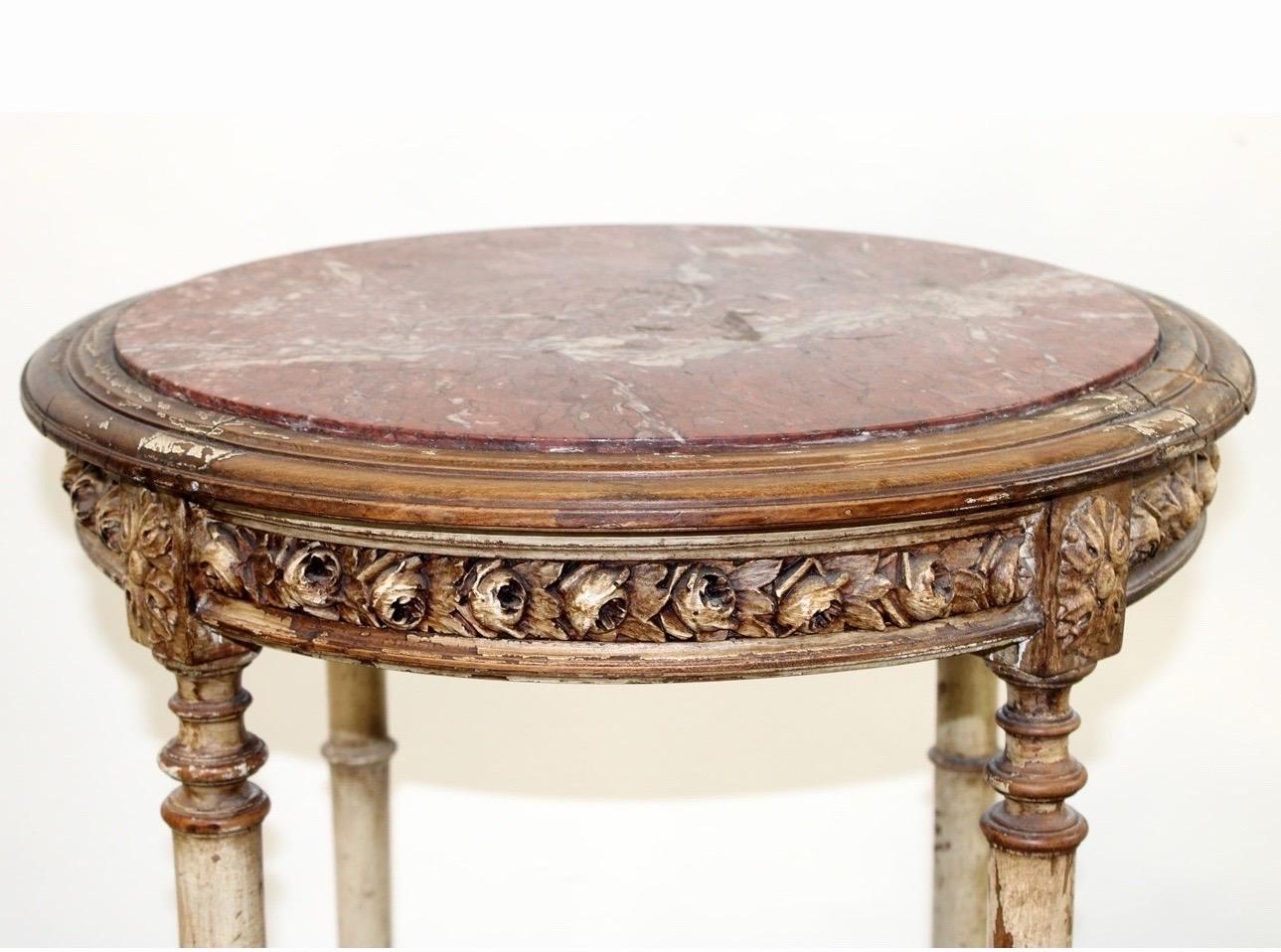 Antique French Louis XVI Style Round Painted Side Table with Marble Top Gold For Sale 1