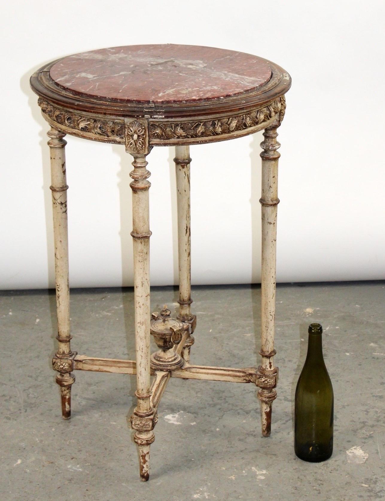 Antique French Louis XVI Style Round Painted Side Table with Marble Top Gold For Sale 2