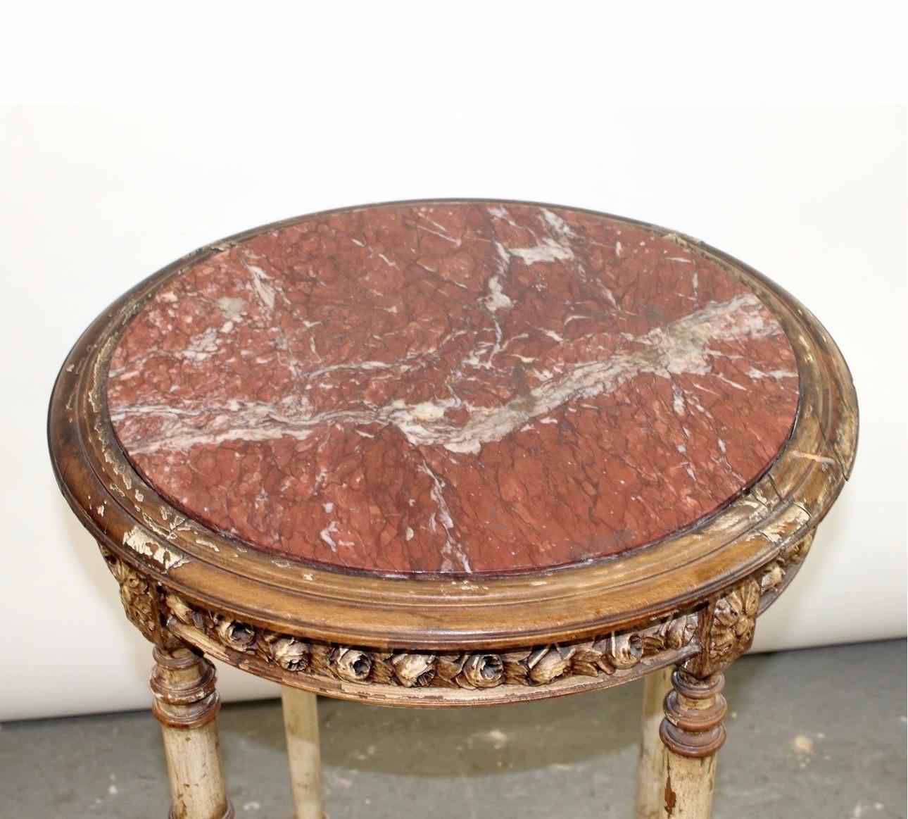 Antique French Louis XVI Style Round Painted Side Table with Marble Top Gold For Sale 3