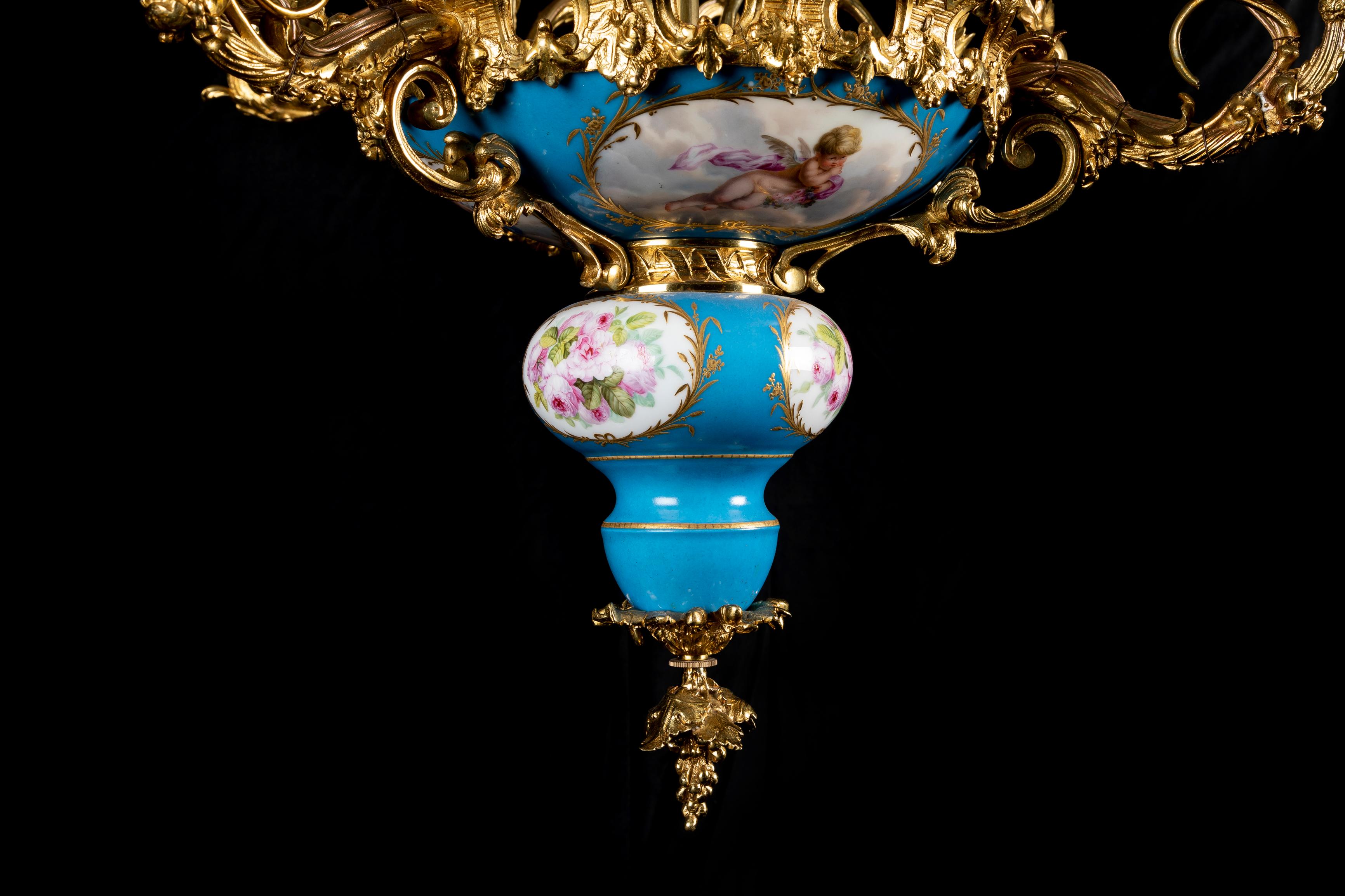 Antique French Louis XVI Style Sevres Porcelain and Gilt Bronze Chandelier For Sale 7