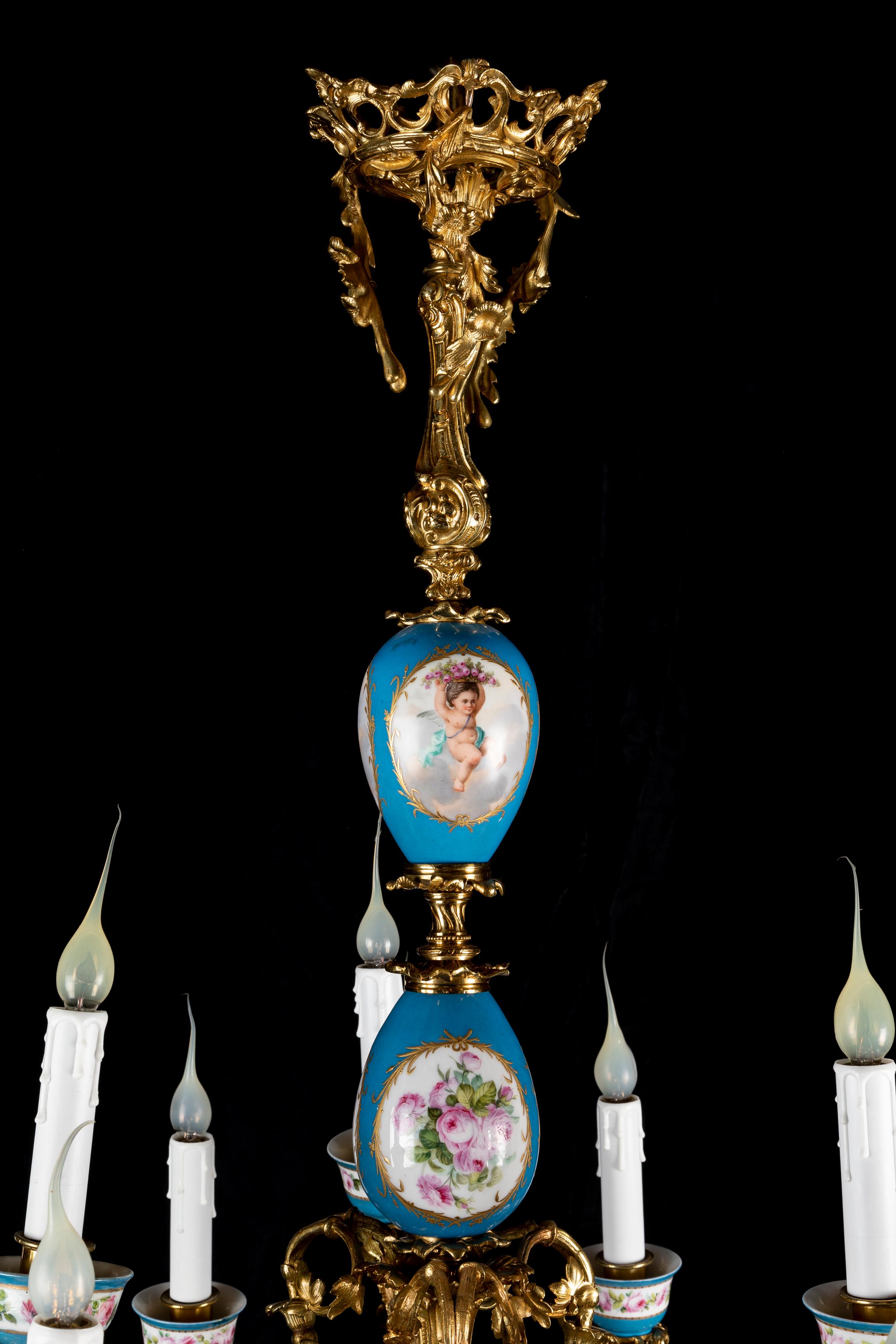 Hand-Painted Antique French Louis XVI Style Sevres Porcelain and Gilt Bronze Chandelier For Sale