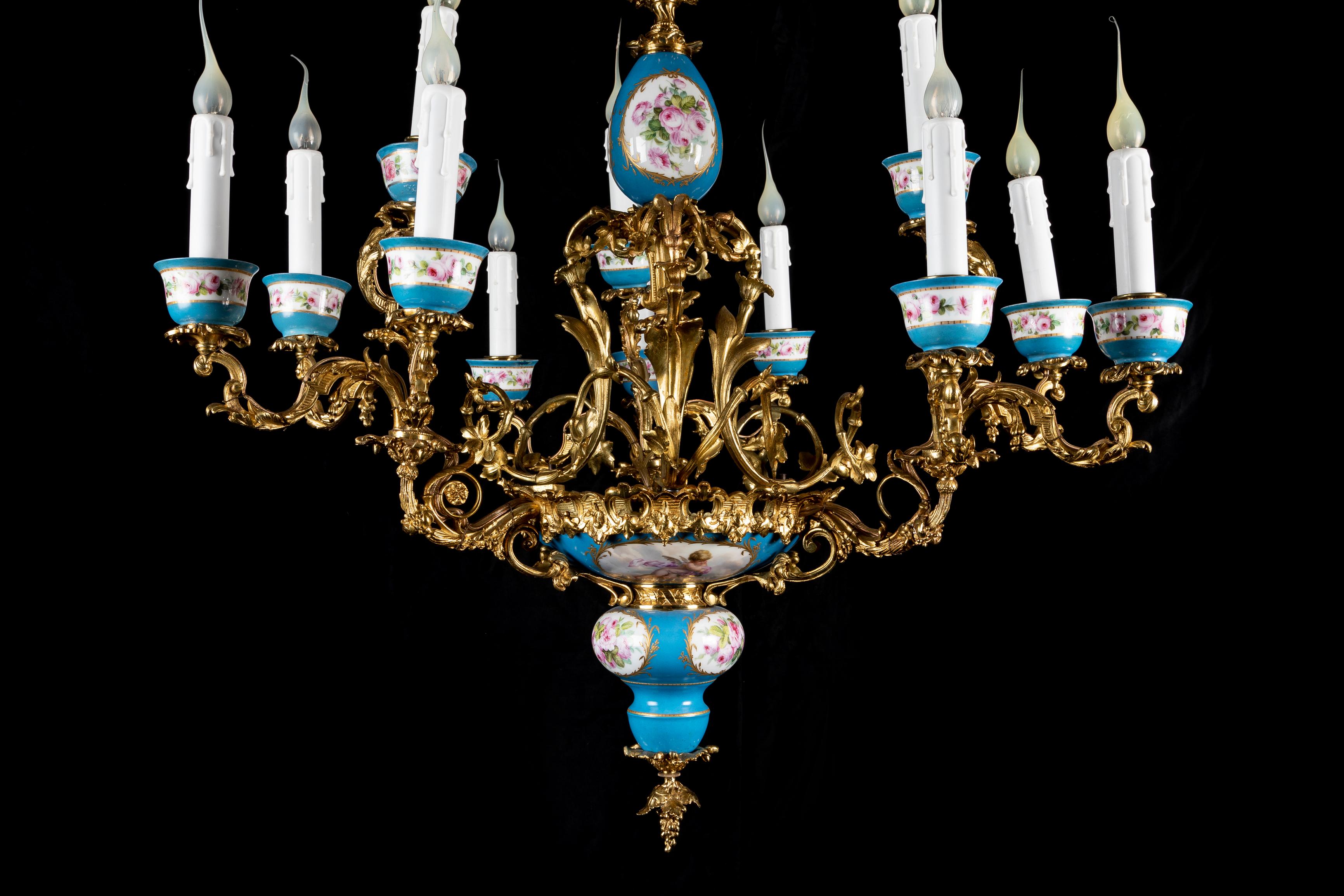 Antique French Louis XVI Style Sevres Porcelain and Gilt Bronze Chandelier In Good Condition For Sale In New York, NY