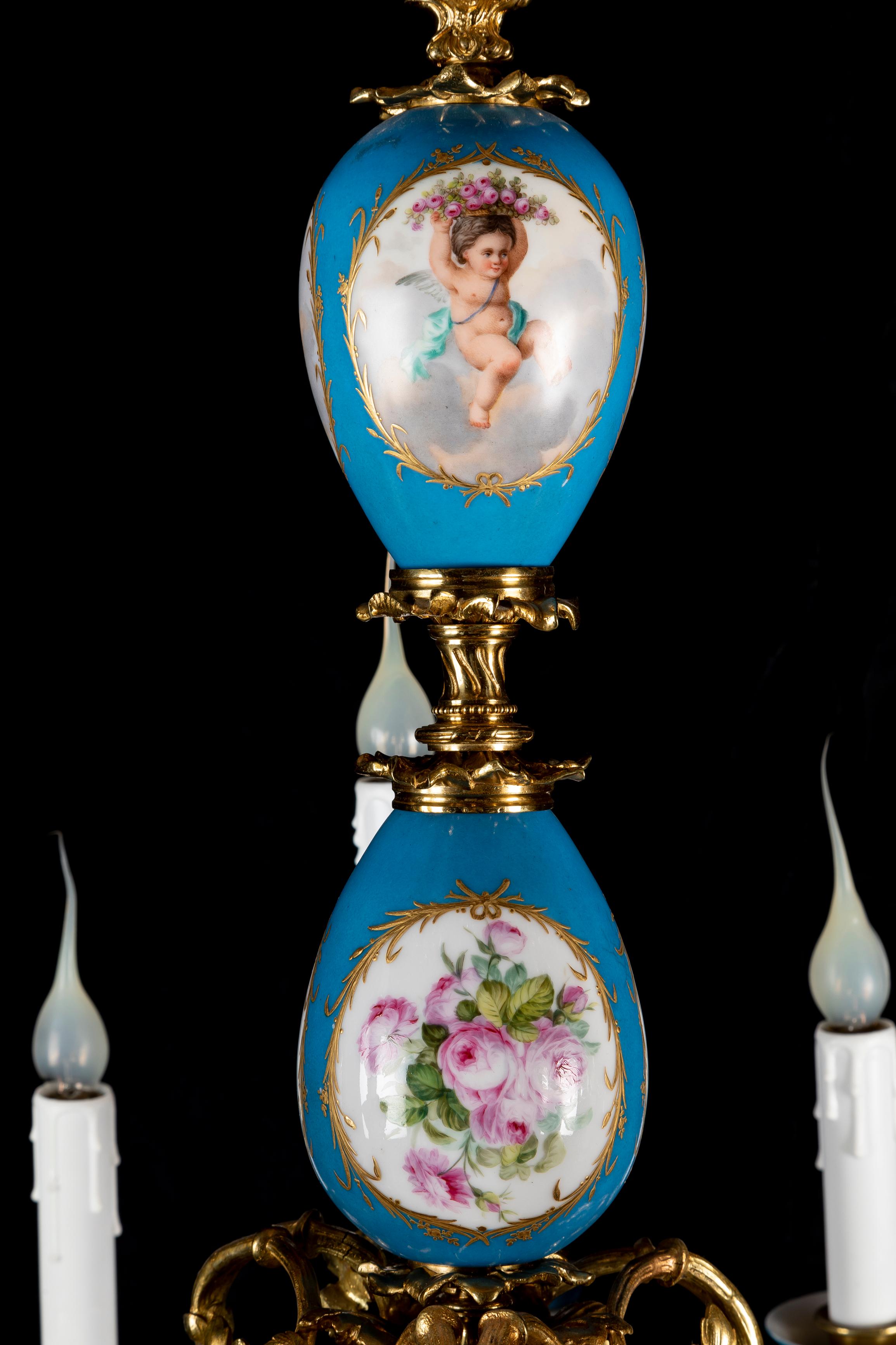 Antique French Louis XVI Style Sevres Porcelain and Gilt Bronze Chandelier For Sale 3