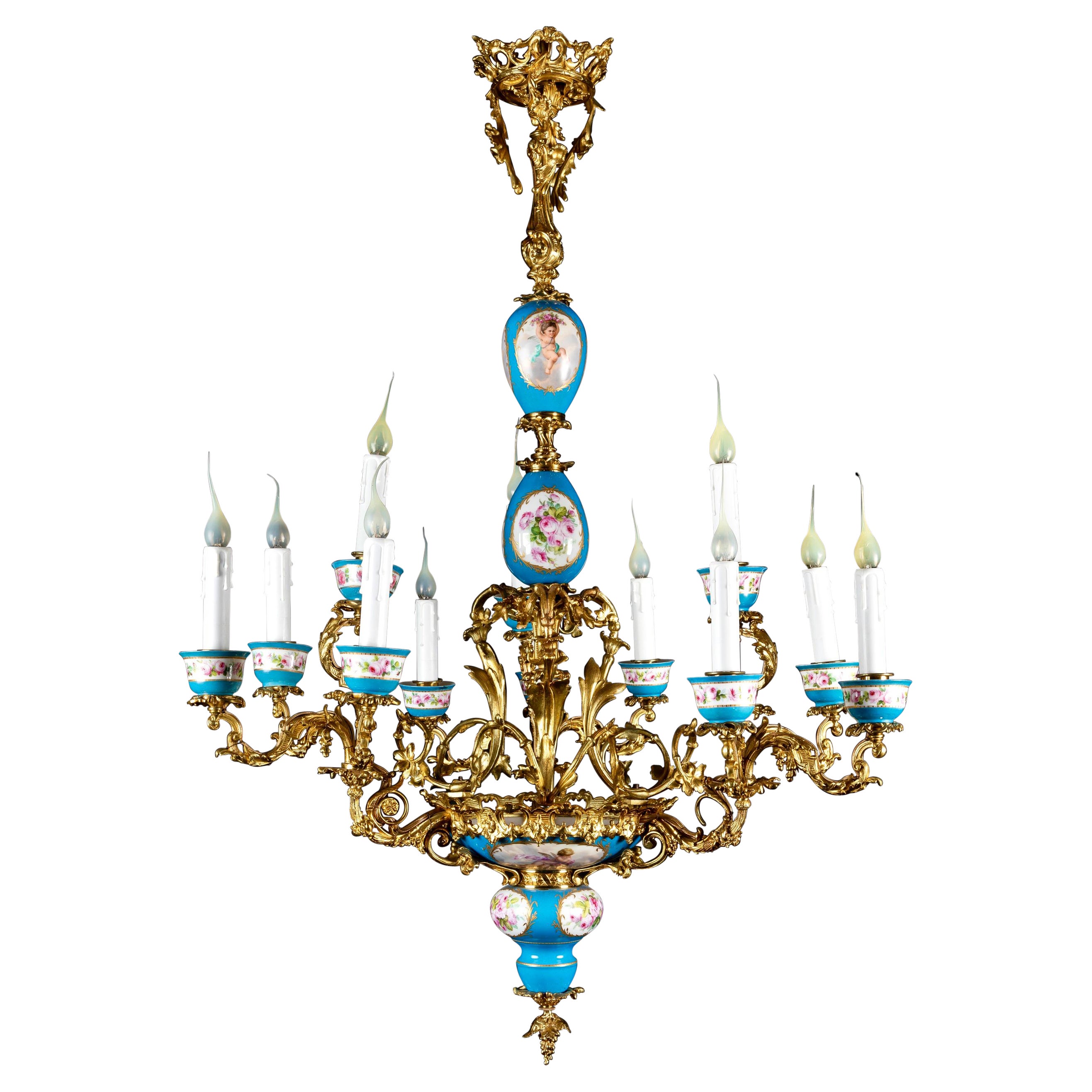 Antico lampadario francese in porcellana di Sevres e bronzo dorato in stile Luigi XVI