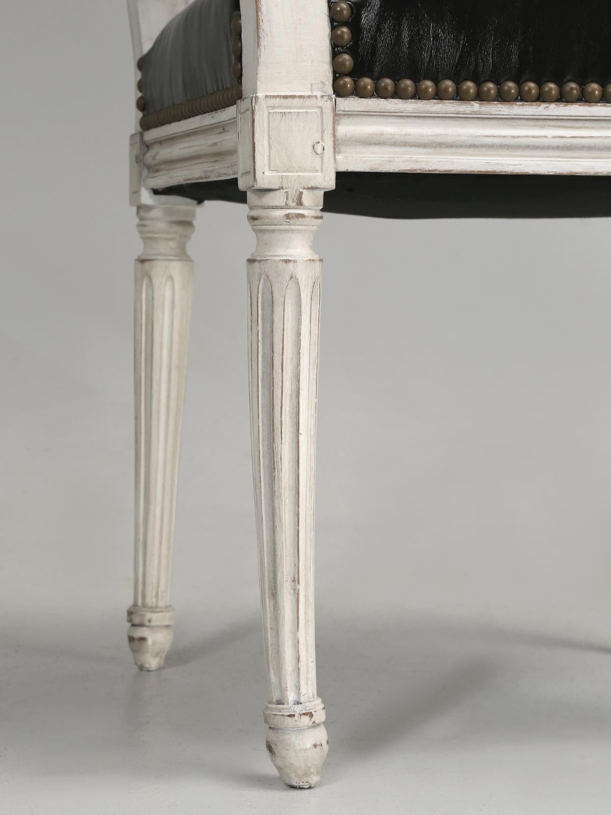 Antique French Louis XVI Style Side Chairs in Distressed Paint and Black Leather 5