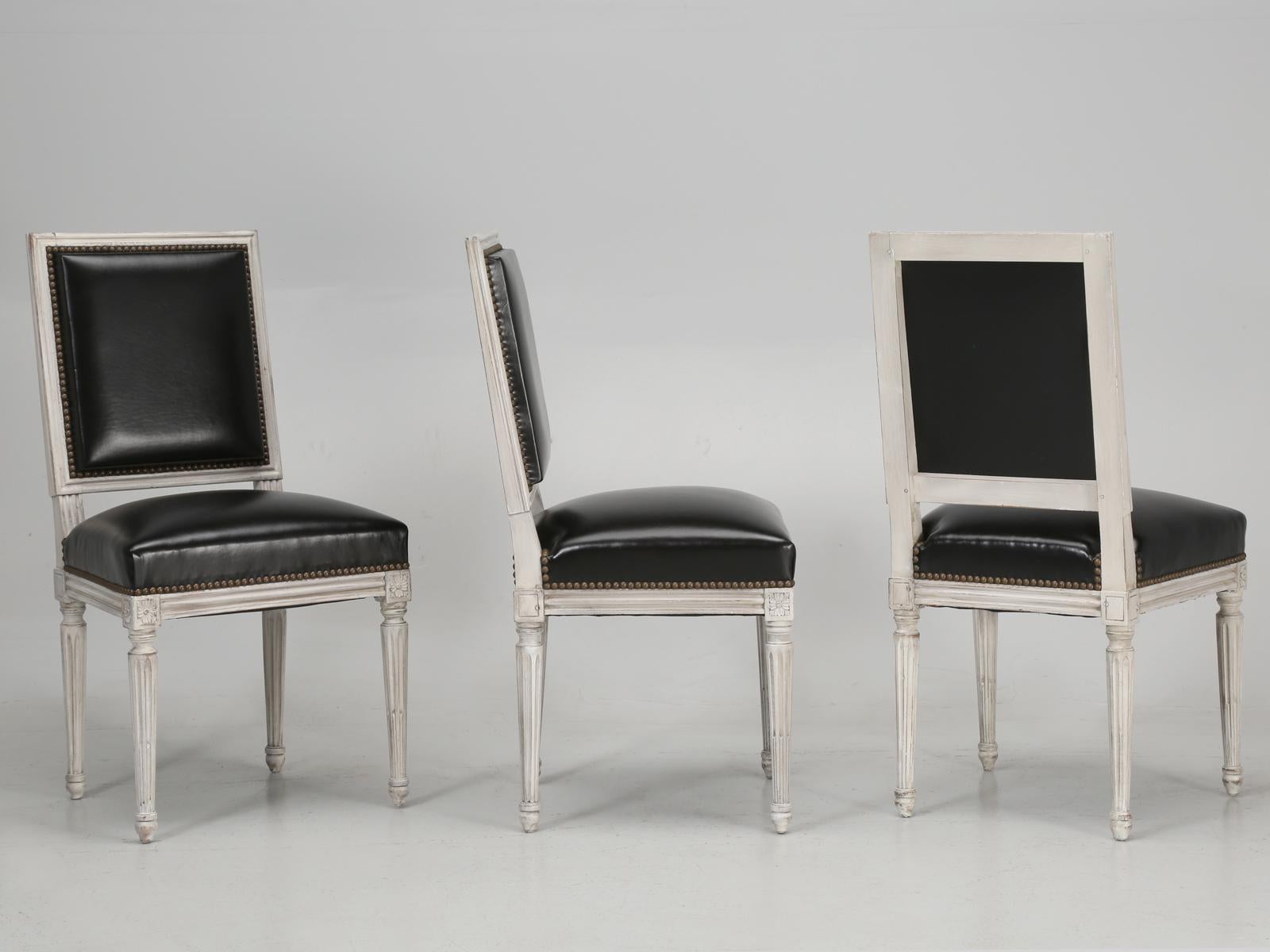 Antique French Louis XVI Style Side Chairs in Distressed Paint and Black Leather 6