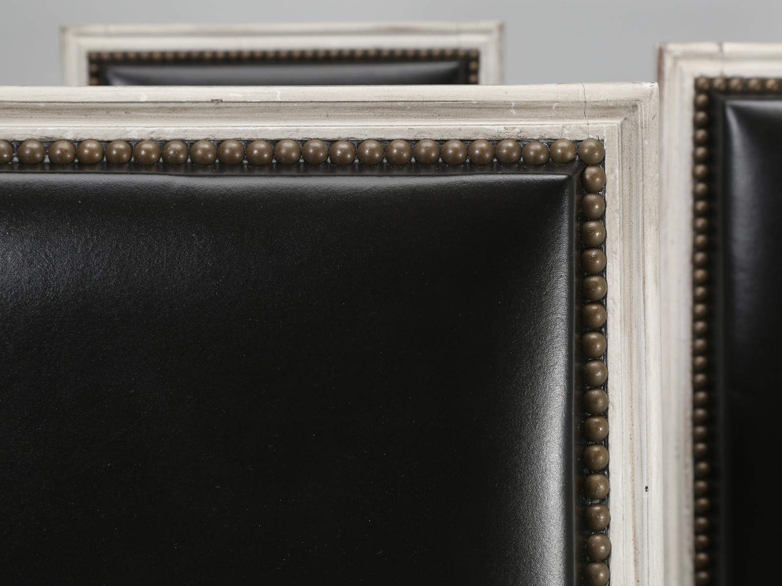 Antique French Louis XVI Style Side Chairs in Distressed Paint and Black Leather In Excellent Condition In Chicago, IL