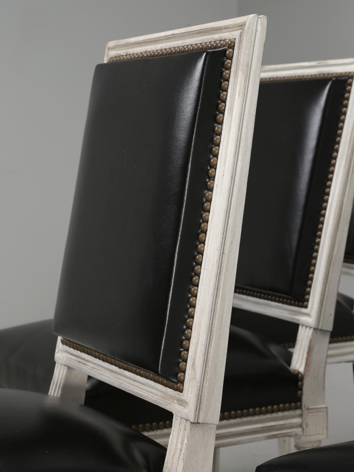 Mid-20th Century Antique French Louis XVI Style Side Chairs in Distressed Paint and Black Leather