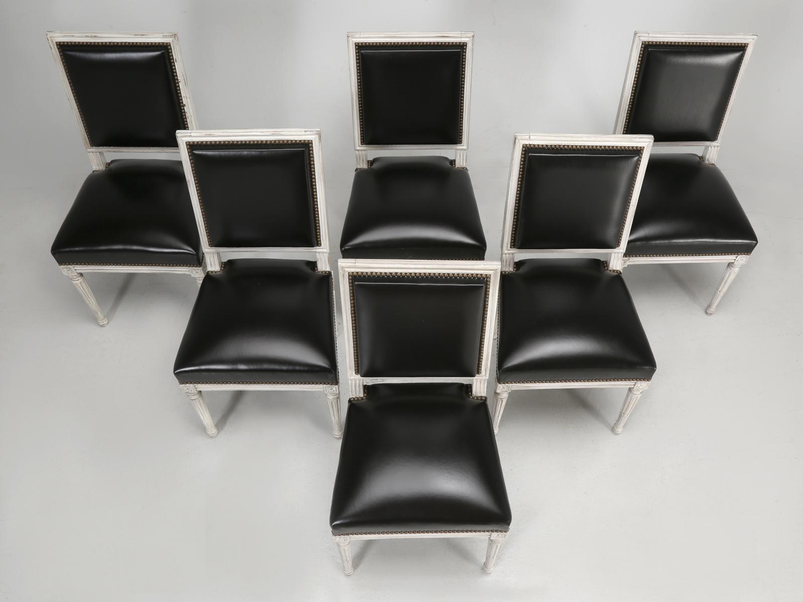 Beech Antique French Louis XVI Style Side Chairs in Distressed Paint and Black Leather