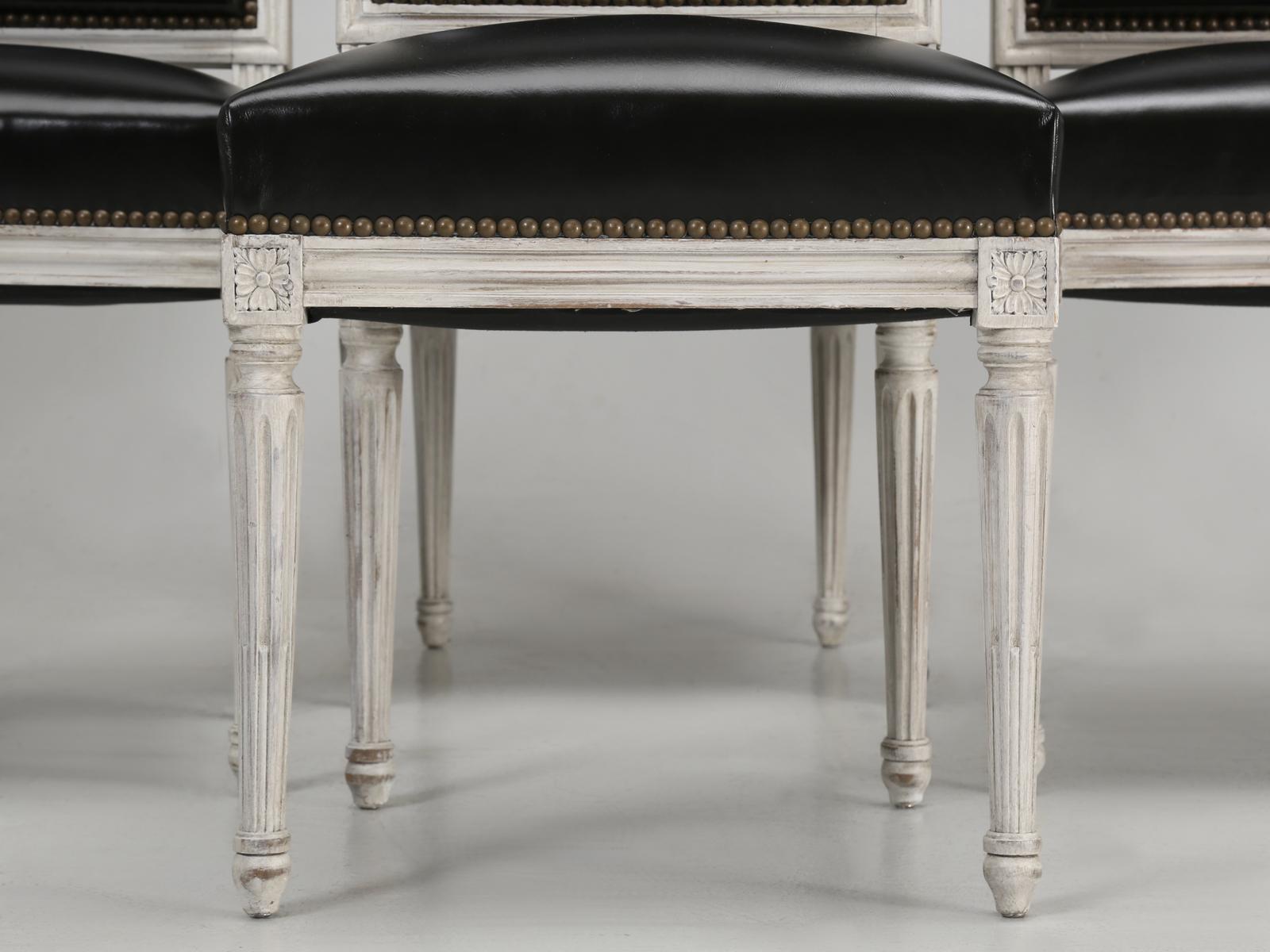 Antique French Louis XVI Style Side Chairs in Distressed Paint and Black Leather 1