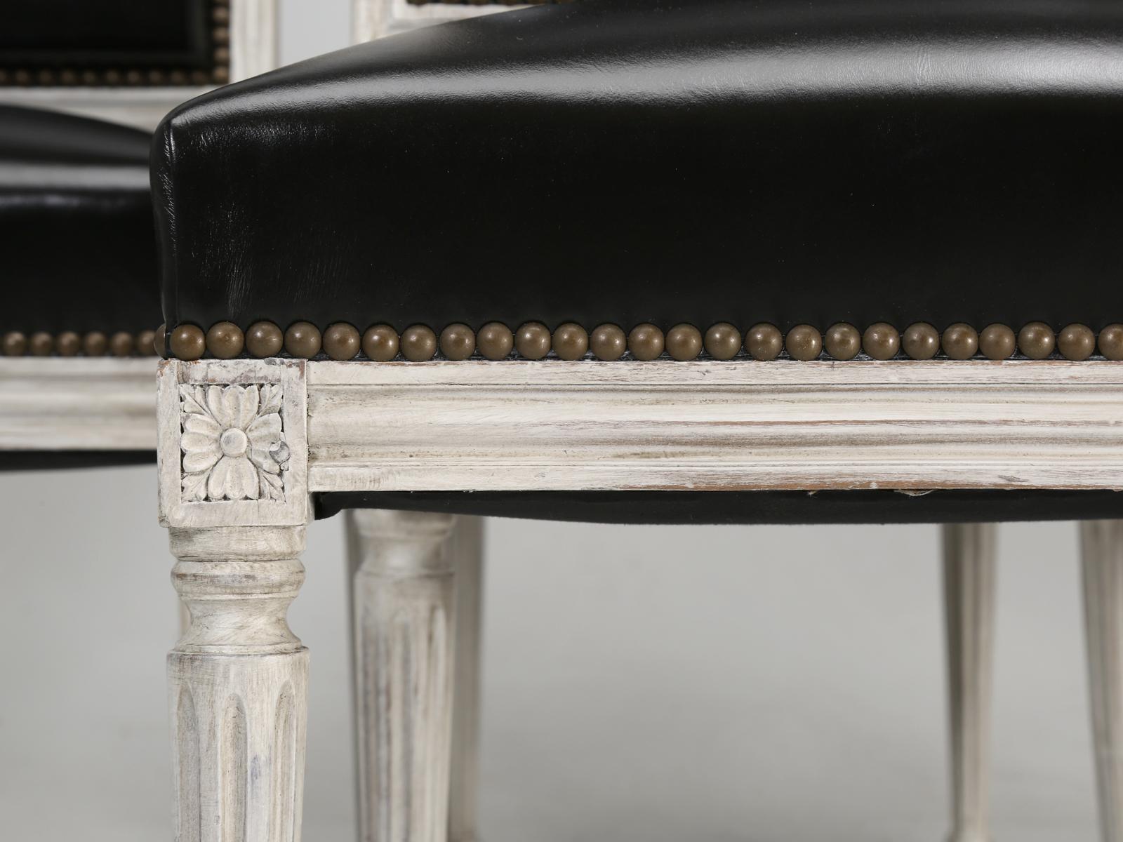 Antique French Louis XVI Style Side Chairs in Distressed Paint and Black Leather 2
