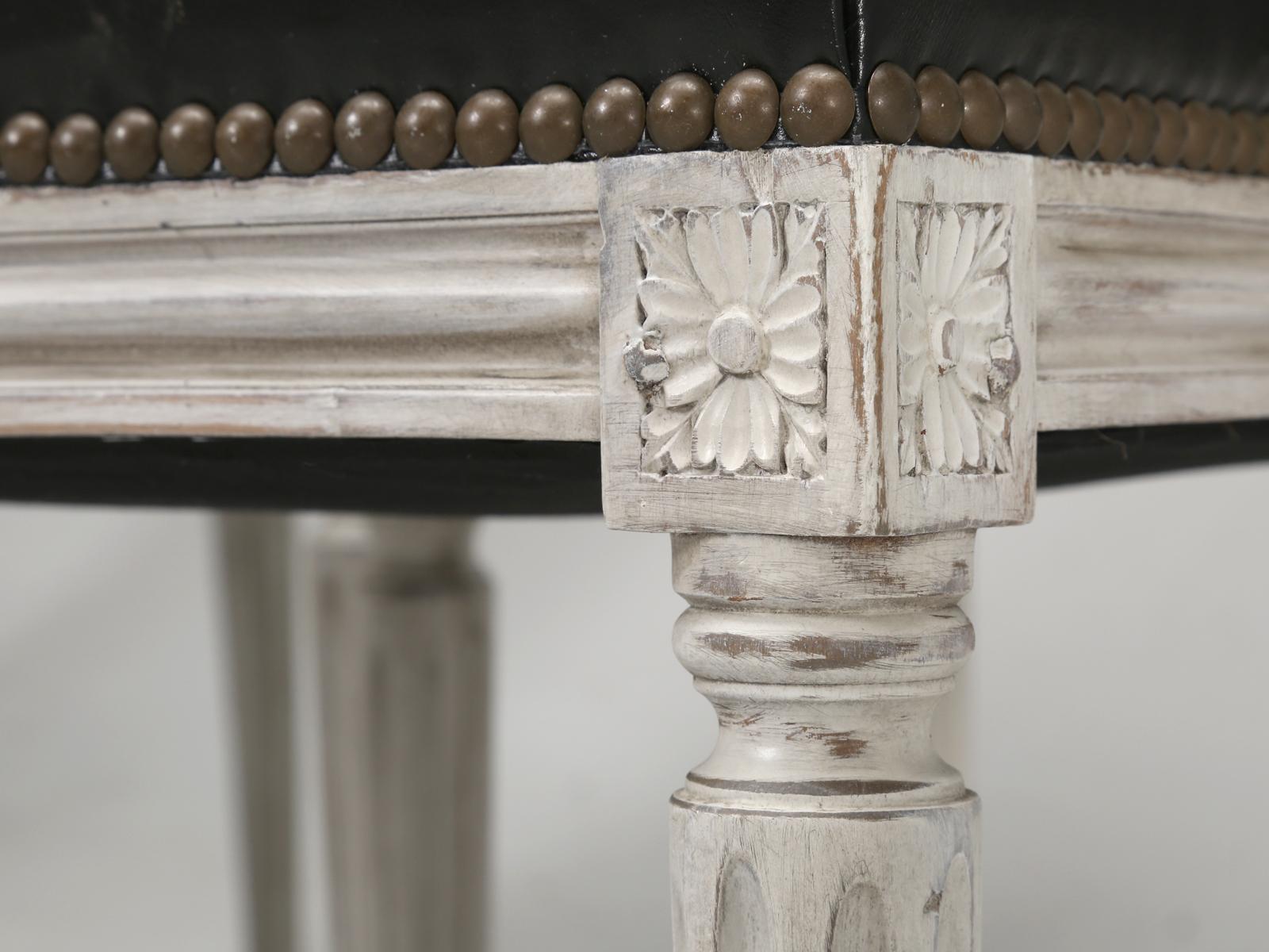 Antique French Louis XVI Style Side Chairs in Distressed Paint and Black Leather 3