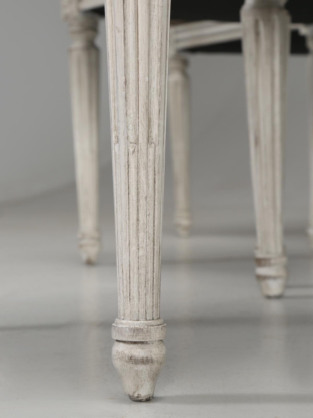 Antique French Louis XVI Style Side Chairs in Distressed Paint and Black Leather 4