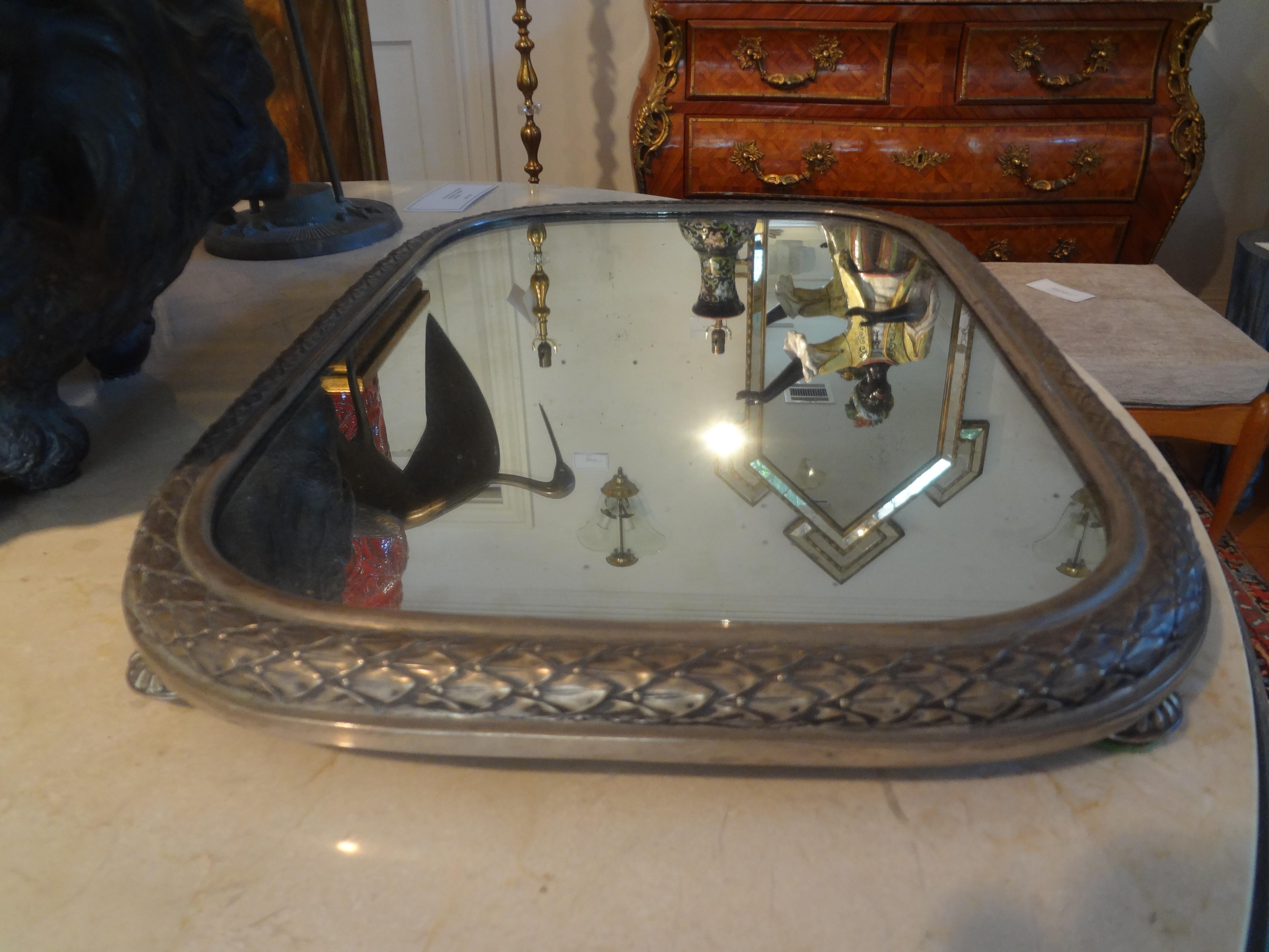 Early 20th Century Antique French Louis XVI Style Silverplate Mirrored Plateau or Tray For Sale