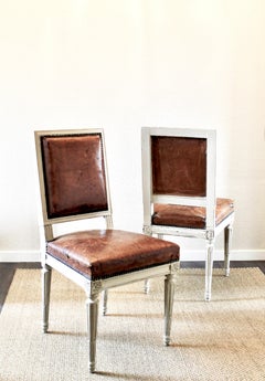 Antique French Louis XVI Style Square-Back Dining Chairs with Original Leather