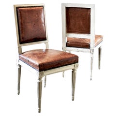 Antique French Louis XVI Style Square-Back Dining Chairs with Original Leather