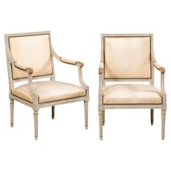 Antique French Louis XVI Style Squared-Back Armchairs w/Original Painted Finish