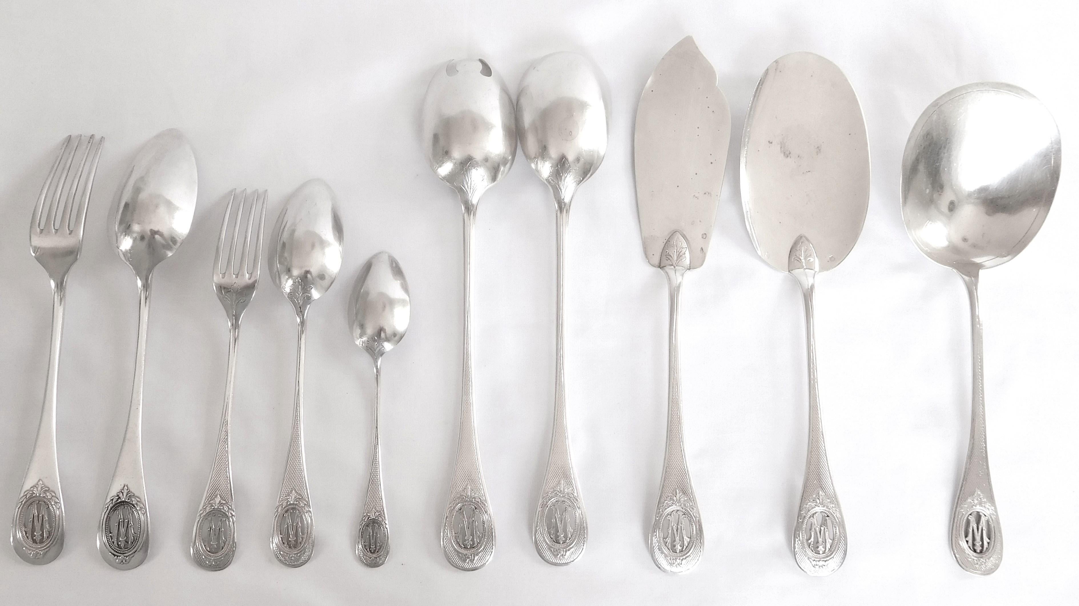 Stunning Louis XVI style sterling silver flatware for 18, 95 pieces composed of :
- 18 table forks and 18 table spoons
- 18 dessert forks and 18 dessert spoons
- 18 coffee spoons
- 1 salad serving set
- 1 strawberry serving spoon
- 1 icecream