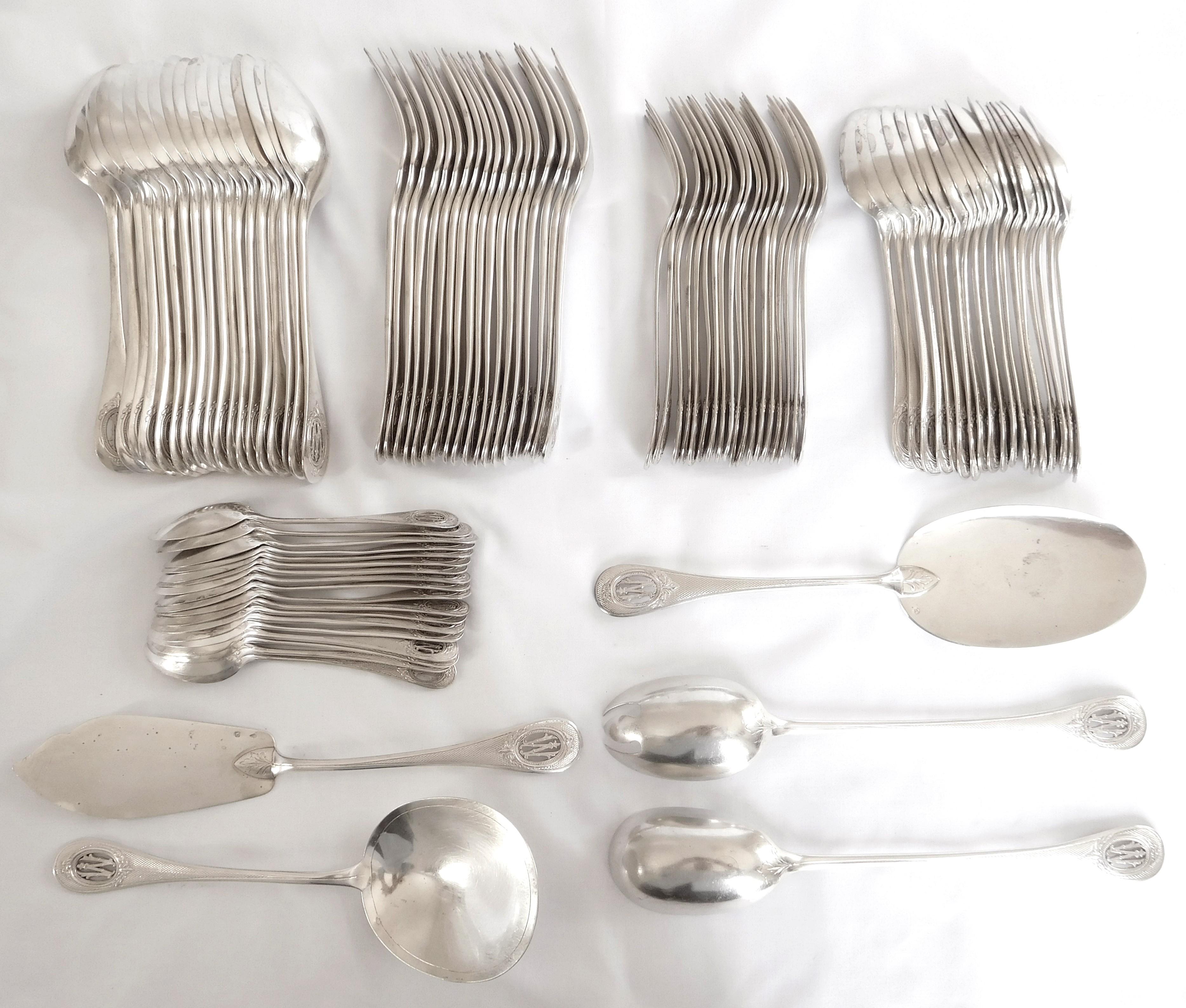 Engraved Antique French Louis XVI Style Sterling Silver Flatware for 18:95 Pieces