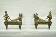 Antique French Louis XVI Style Urn Flame Brass Bronze Ormolu Andirons - a Pair