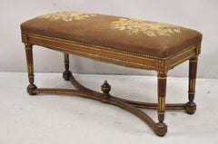 Antique French Louis XVI Style Victorian Carved Walnut 42" Needlepoint Bench