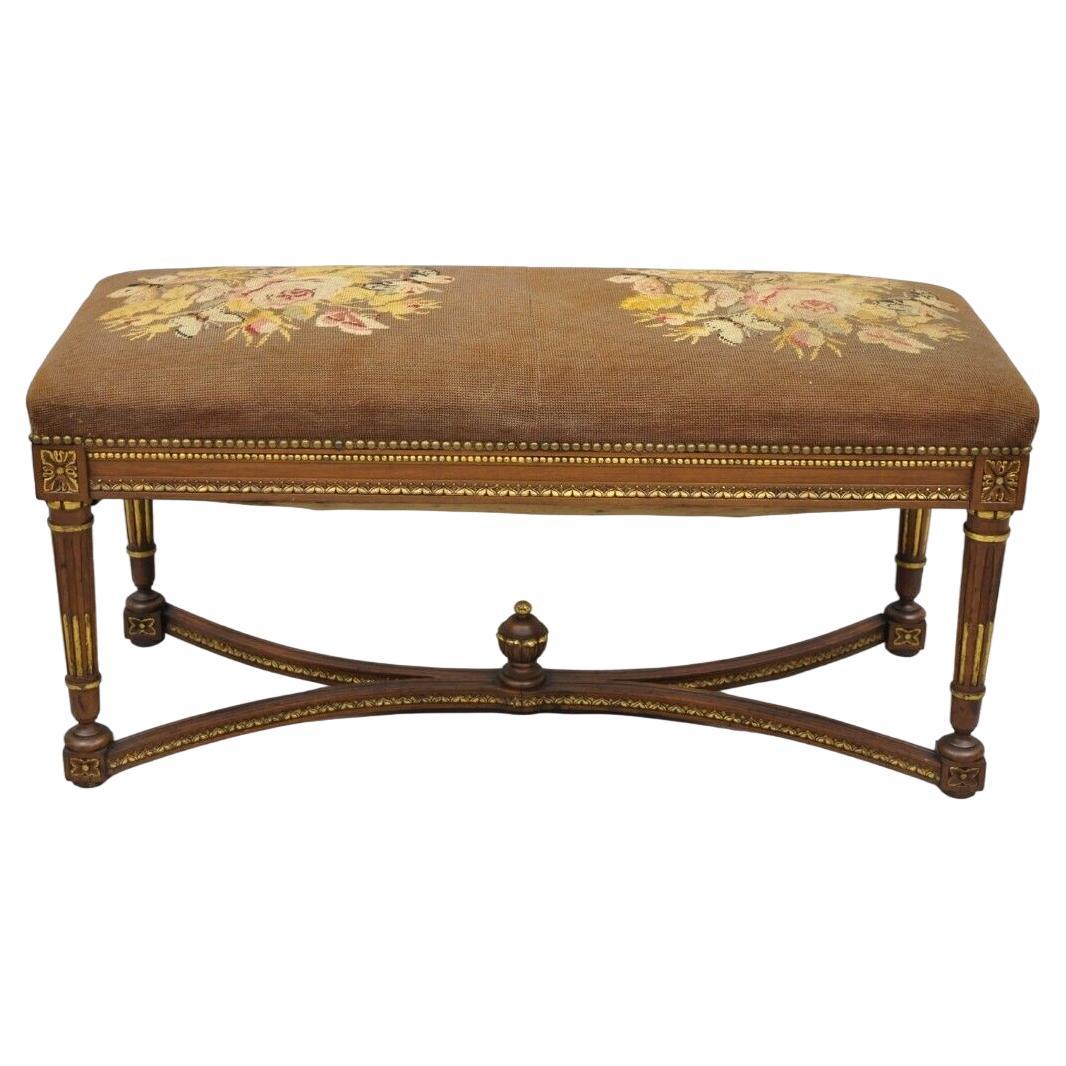 Antique French Louis XVI Style Victorian Carved Walnut 42" Needlepoint Bench