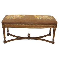 Antique French Louis XVI Style Victorian Carved Walnut 42" Needlepoint Bench