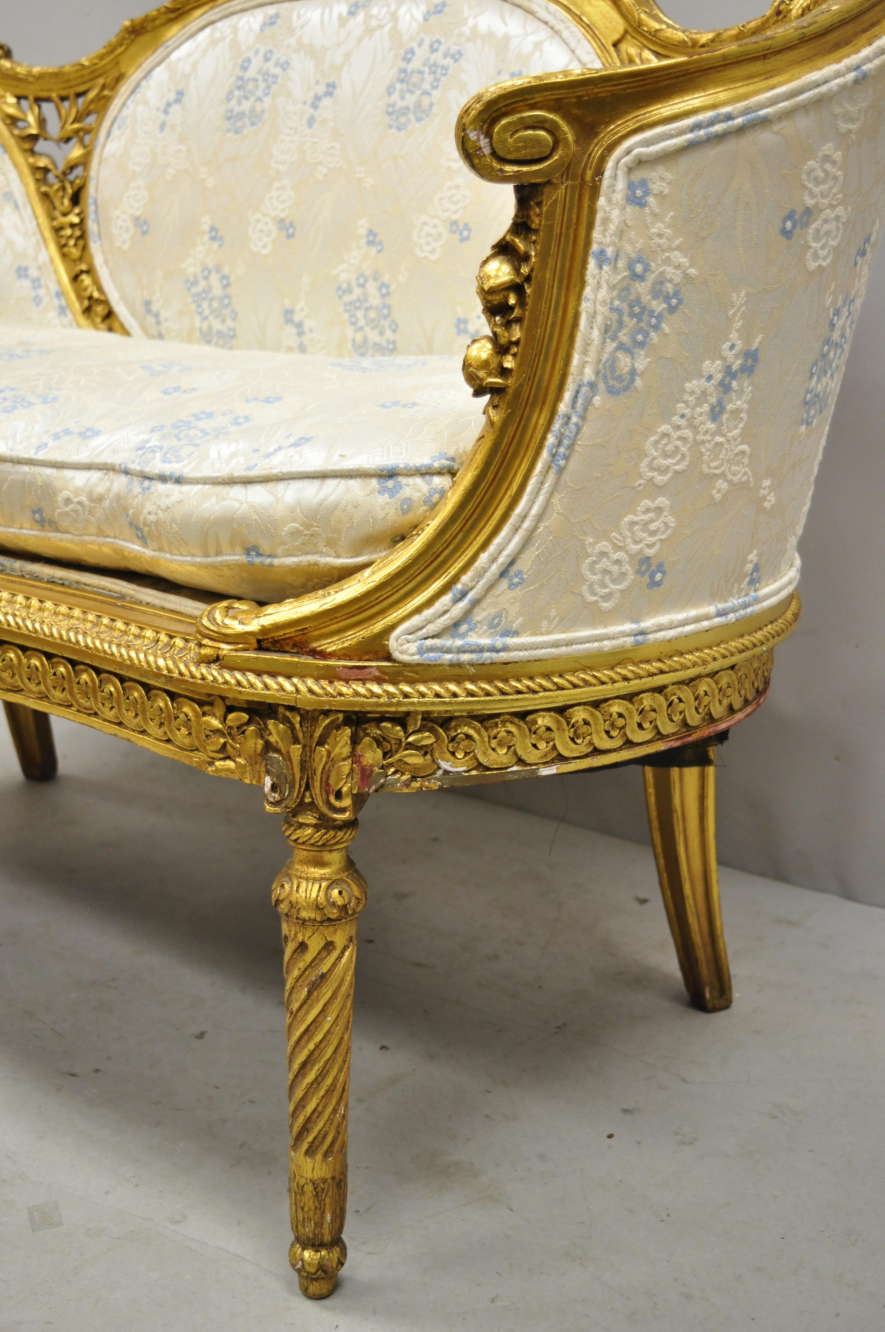 Antique French Louis XVI Style Victorian Gold Giltwood Petite Loveseat Settee 2