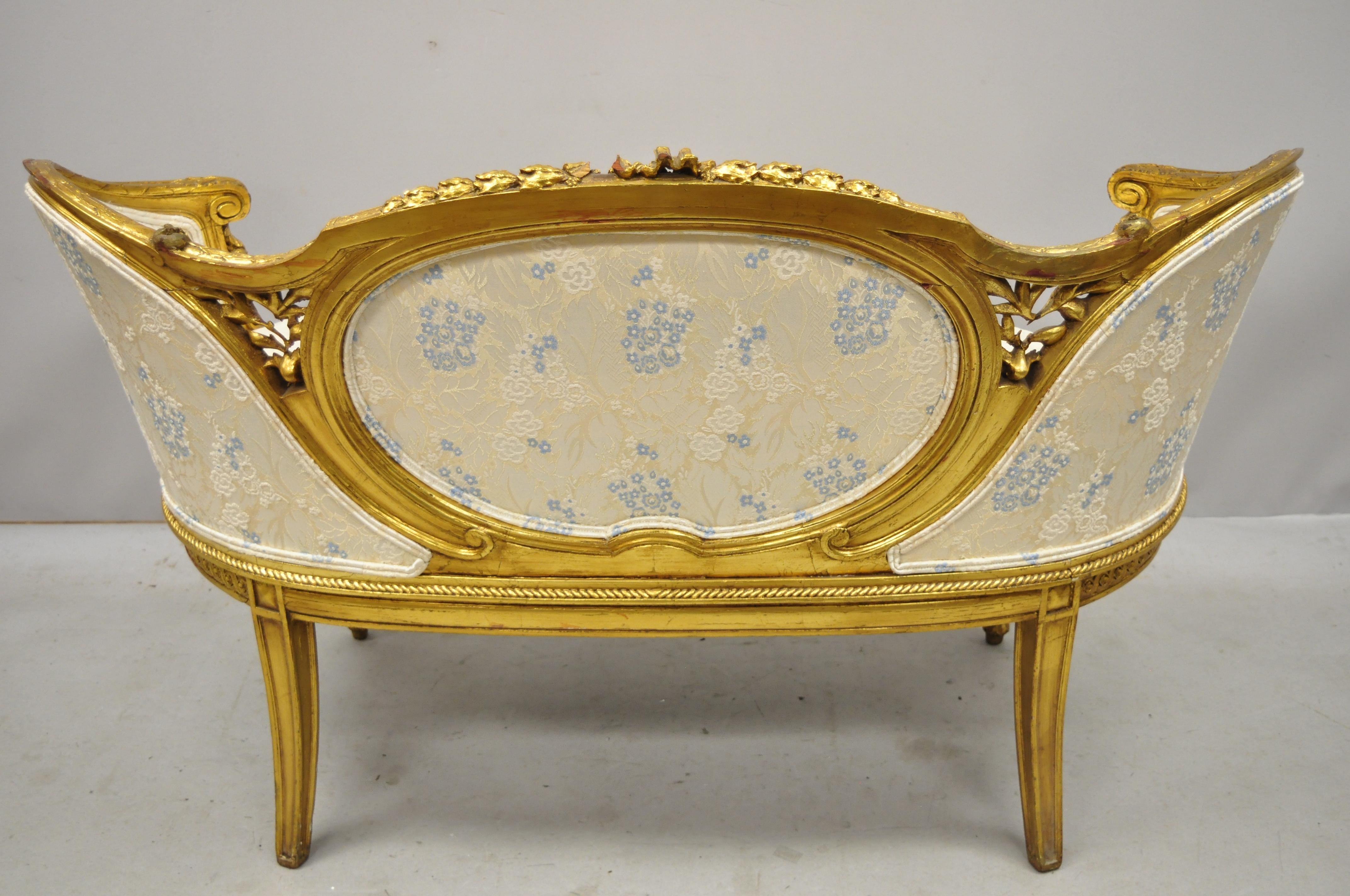 Antique French Louis XVI Style Victorian Gold Giltwood Petite Loveseat Settee In Good Condition In Philadelphia, PA