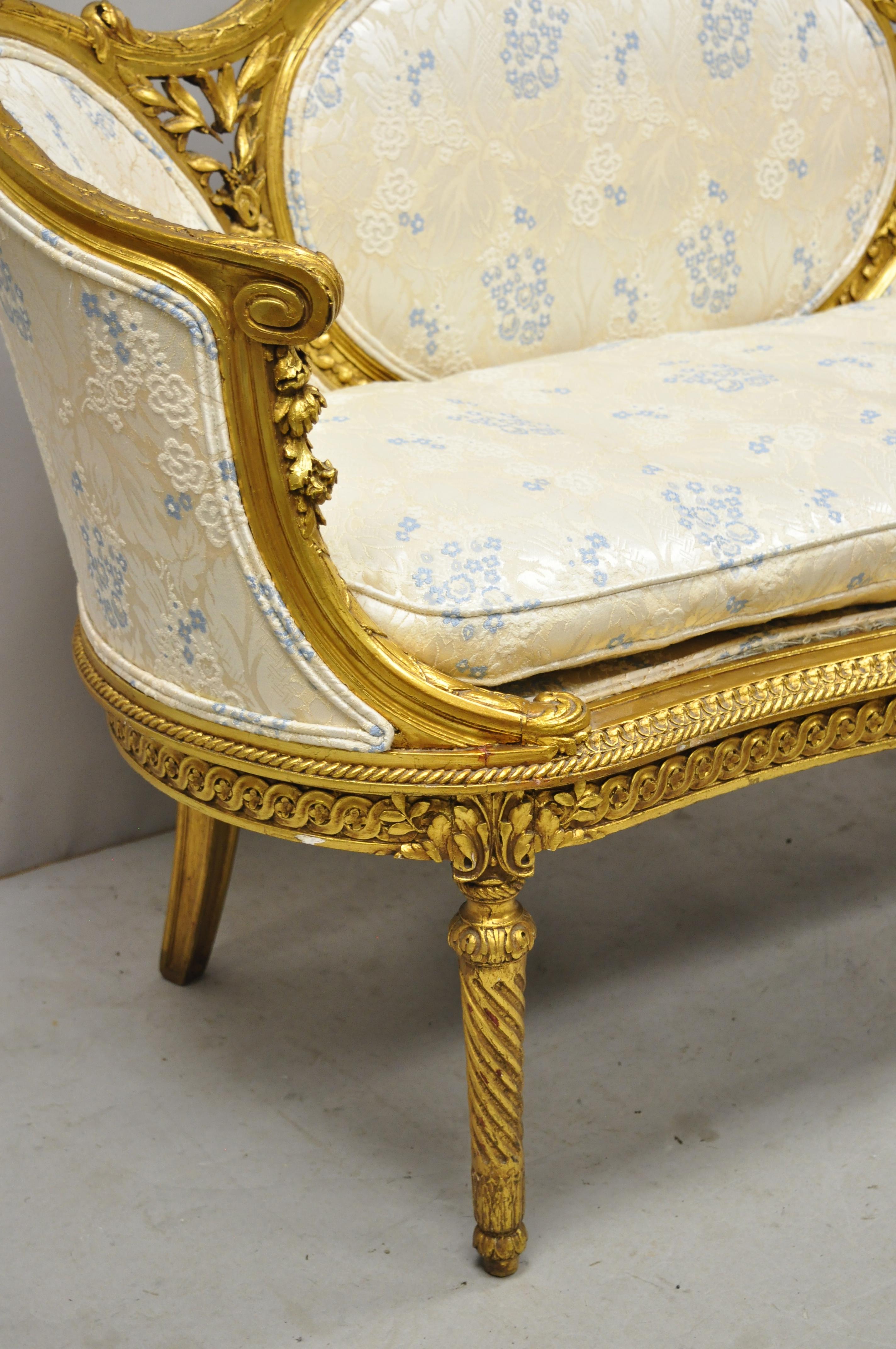 20th Century Antique French Louis XVI Style Victorian Gold Giltwood Petite Loveseat Settee